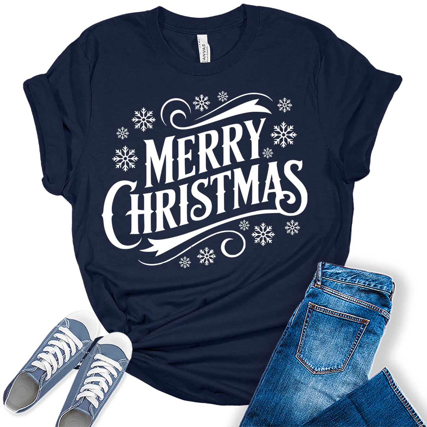 Christmas Shirts For Women Merry Christmas Vintage Letter Print Snowflakes Graphic Tees