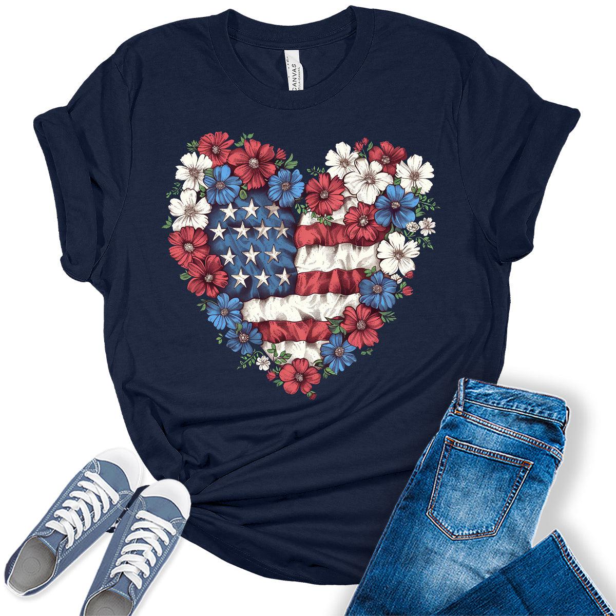 Patriotic Heart American Flag Graphic Tees for Women 4th of July