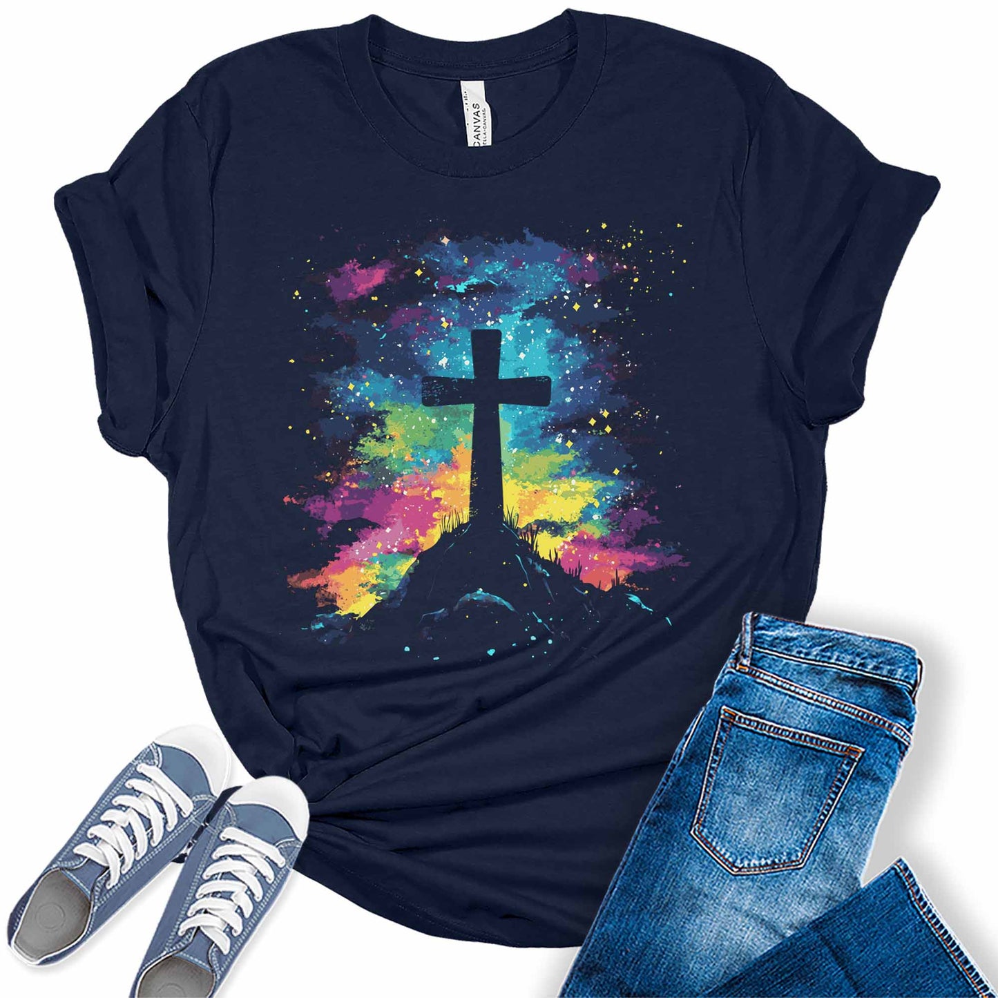 Women's Easter Cross Night Sky Shirts Cute Trendy Northern Lights Casual Graphic Tees Bella Plus Sized Tops
