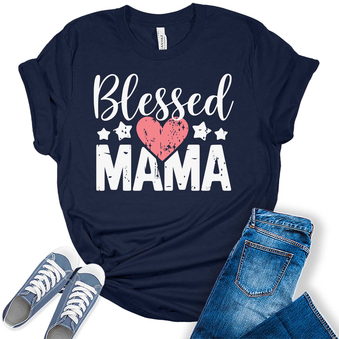 Women's Mama Shirt Blessed Mom Women Mother's Day T-Shirt Heart Casual Graphic Tees Bella Plus Sized Tops