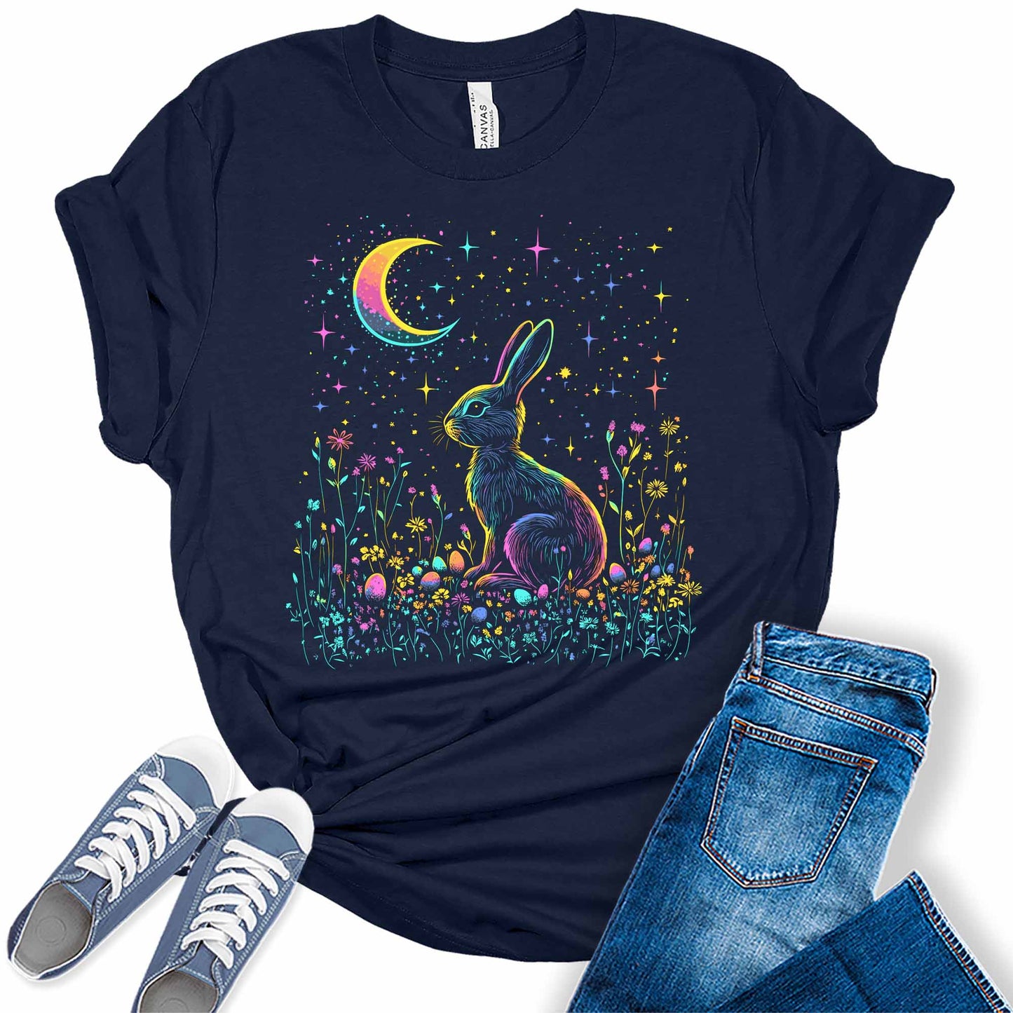 Women's Floral Easter Bunny Egg Shirts Flower Moon And Stars Night Sky Graphic Tees