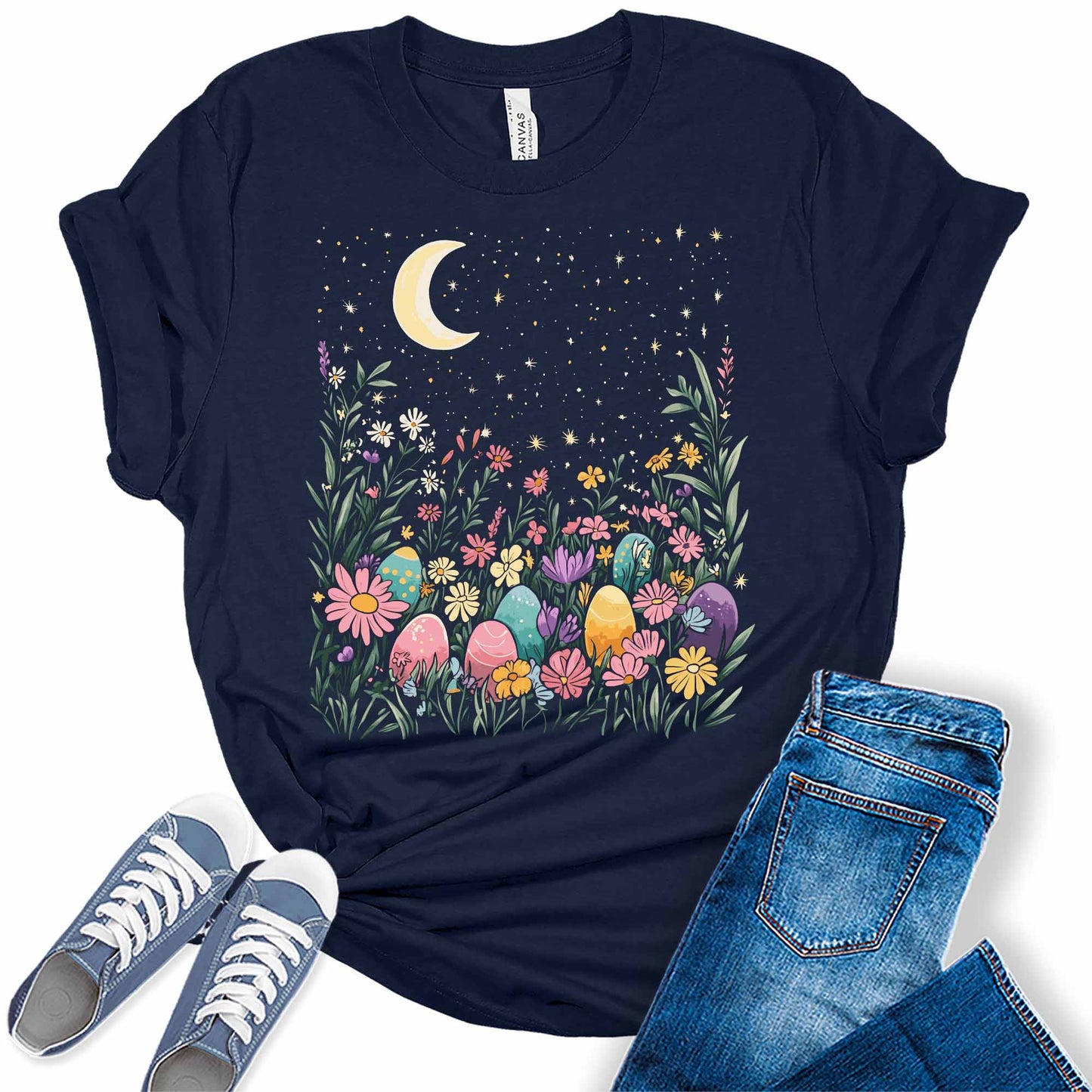 Women's Floral Easter Egg Shirts Flower Moon And Stars Night Sky Graphic Tees