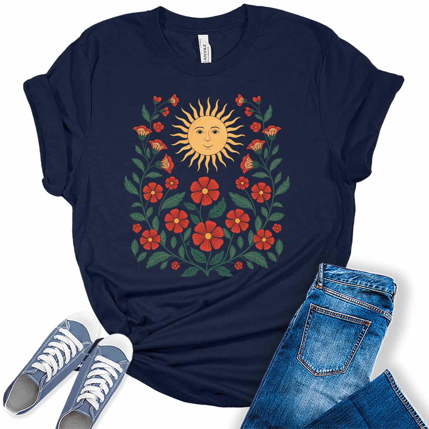 Womens Boho Flowers Wildflowers Sunshine Tee Cute Summer Graphic Shirts Short Sleeve T Shirt
