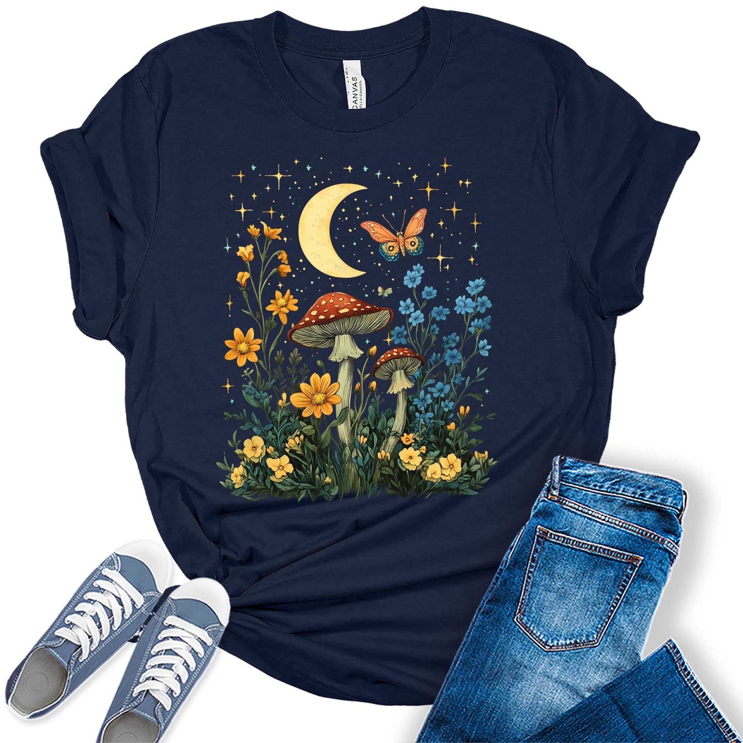 Womens Floral Shirts Wildflower Mushroom Graphic Tees Spring Butterfly Short Sleeve Cottagecore T Shirts Bella Summer Tops