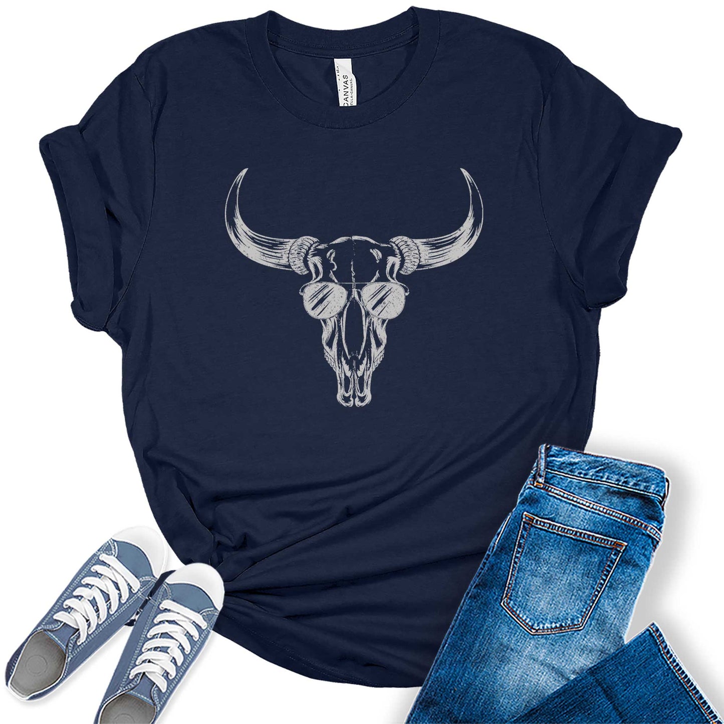 Western Outfit T Shirts Summer Country Rodeo Bull Skull With Sunglasses Graphic Tees Bella Plus Size Tops For Women