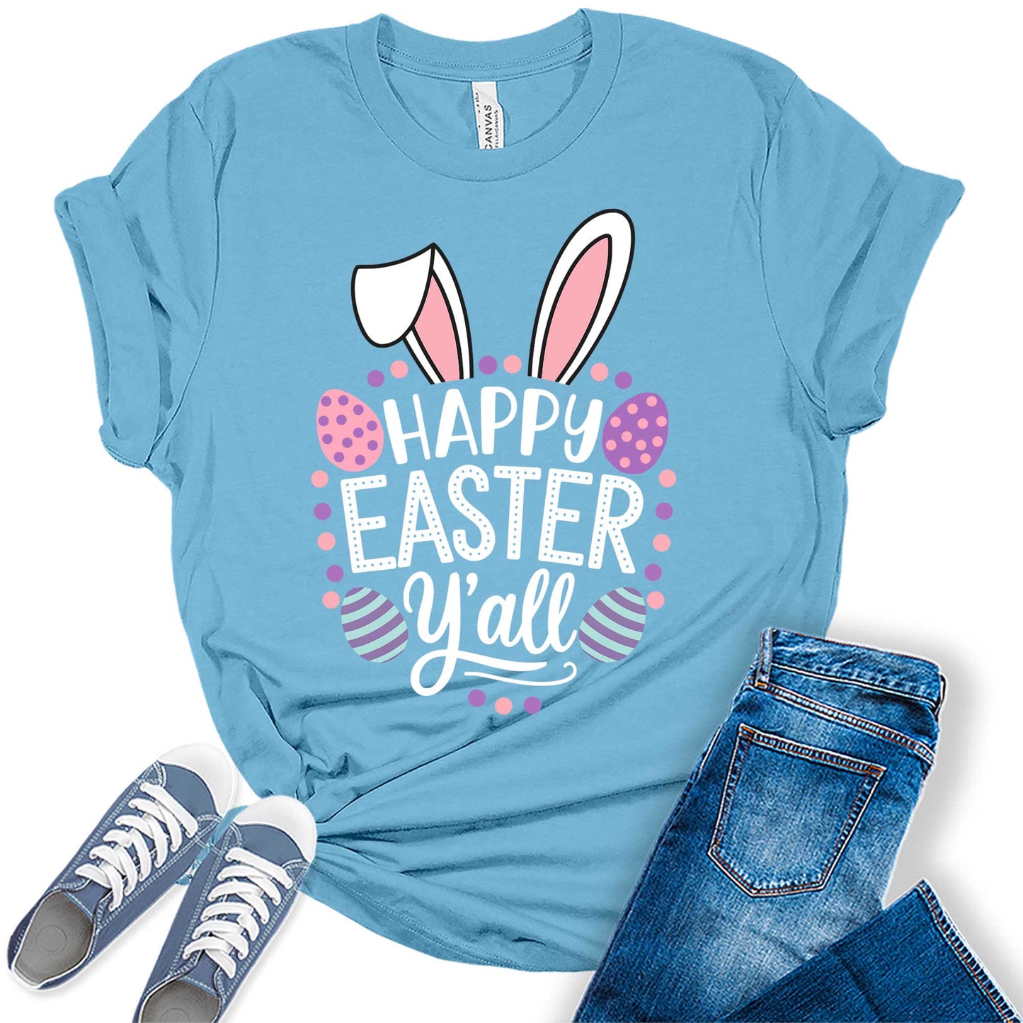 Women's Happy Easter Y'all Cute Bunny Trendy Casual Graphic Tees Bella Plus Sized Tops