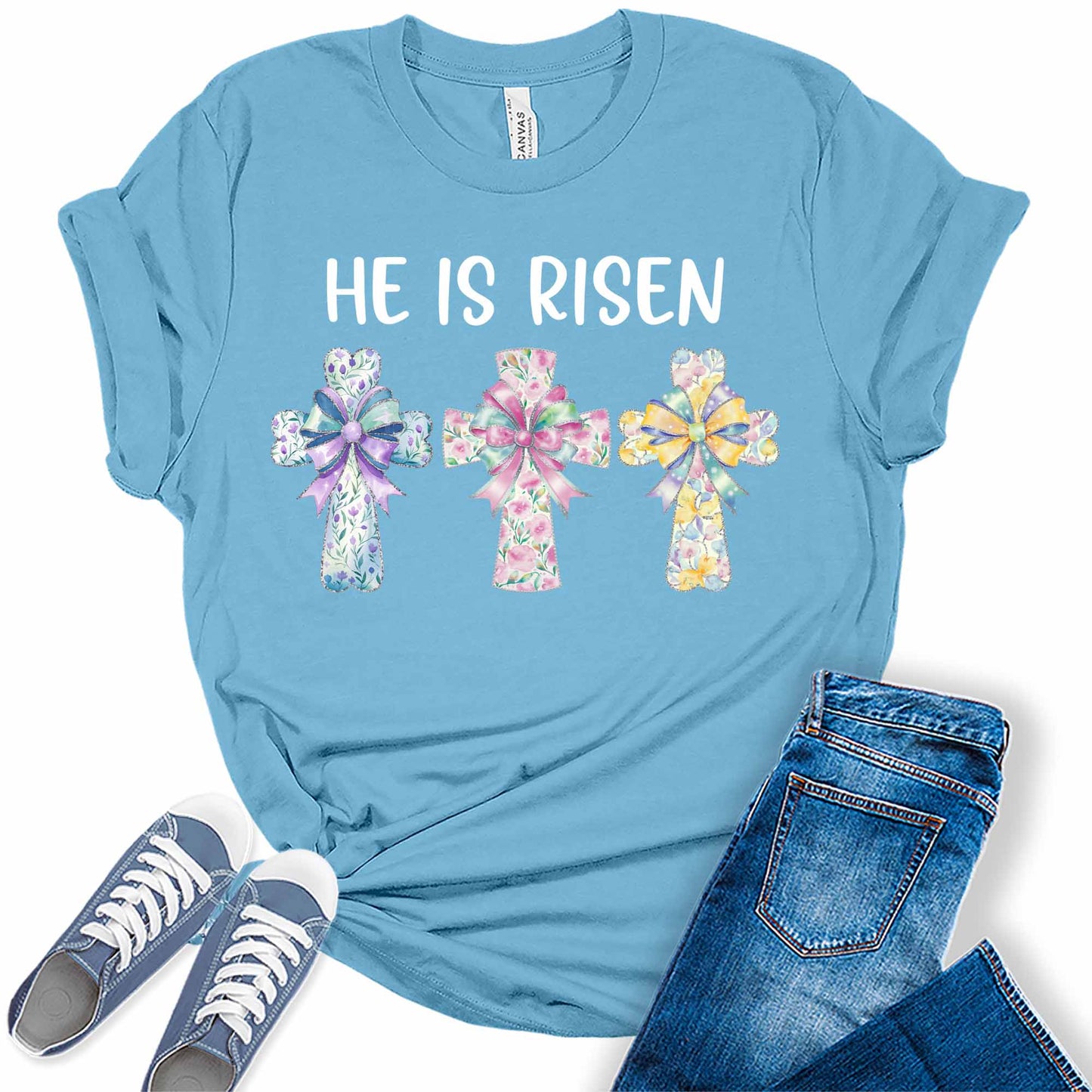Women's Easter He Is Risen Christian Cute Trendy Casual Graphic Tees Bella Plus Sized Tops