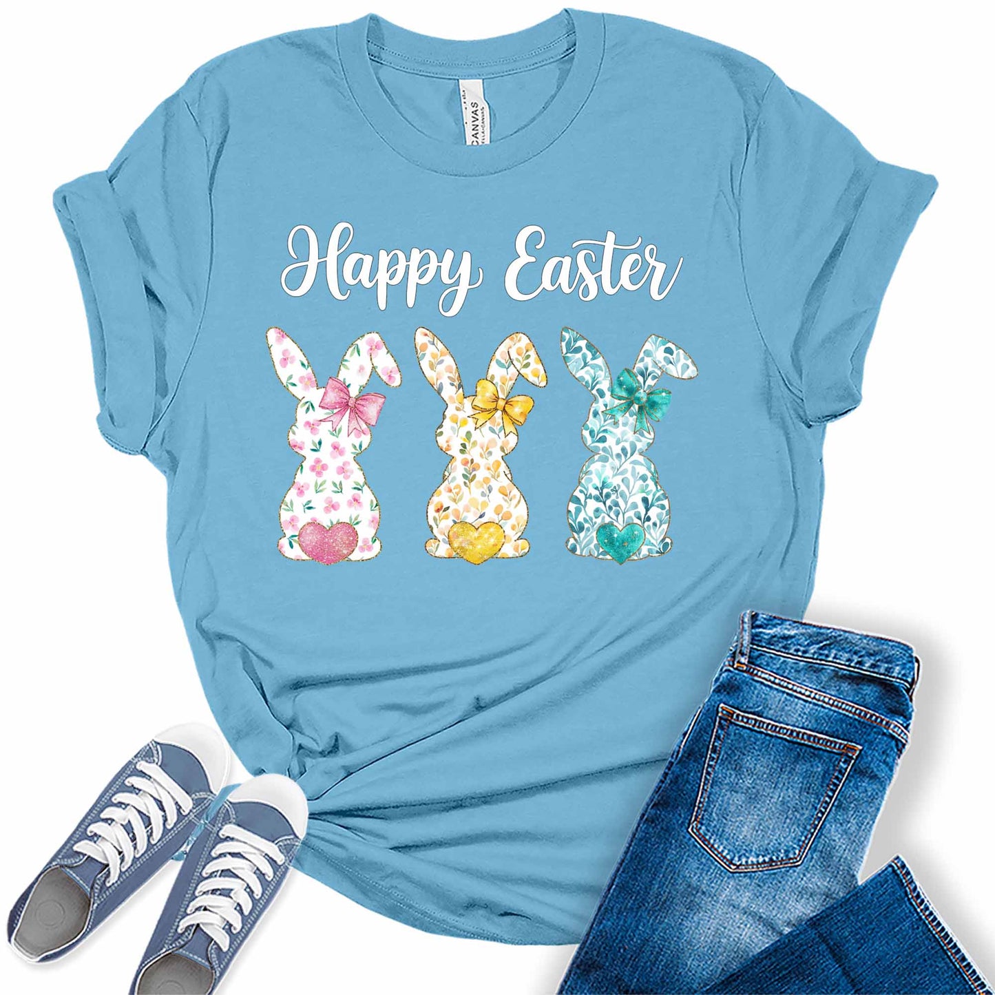 Women's Tops Happy Easter Bunnies Shirt Trendy Graphic Tees