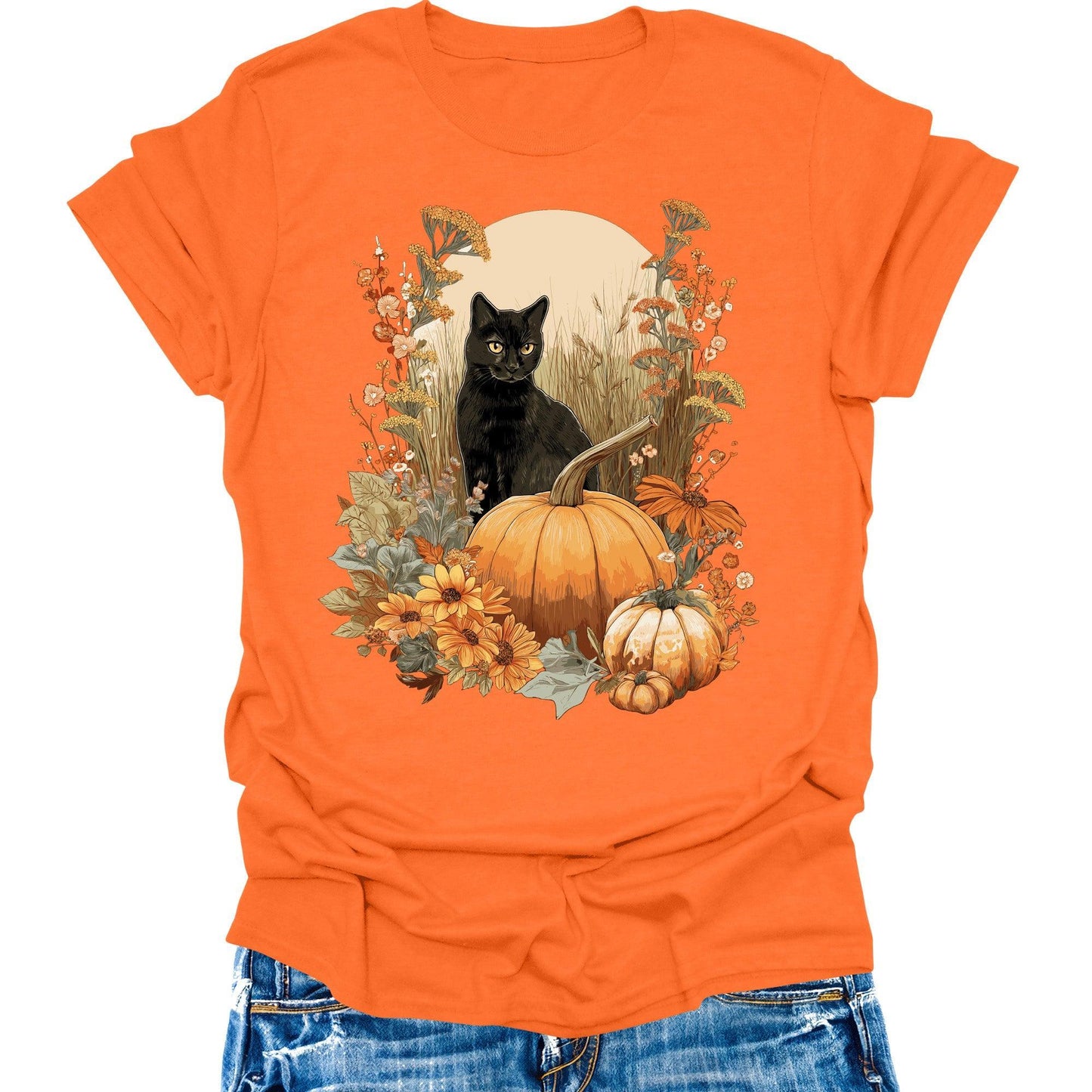 Cat Shirts Vintage Pumpkin Womens Fall T-Shirts Cute Autumn Graphic Tees Thanksgiving Tops
