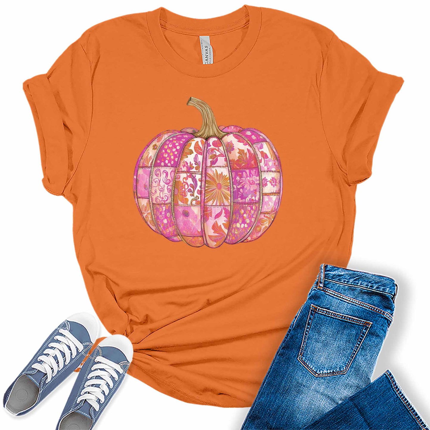 Women's Pink Pumpkin Patch Flower Fall Thanksgiving Graphic Tees