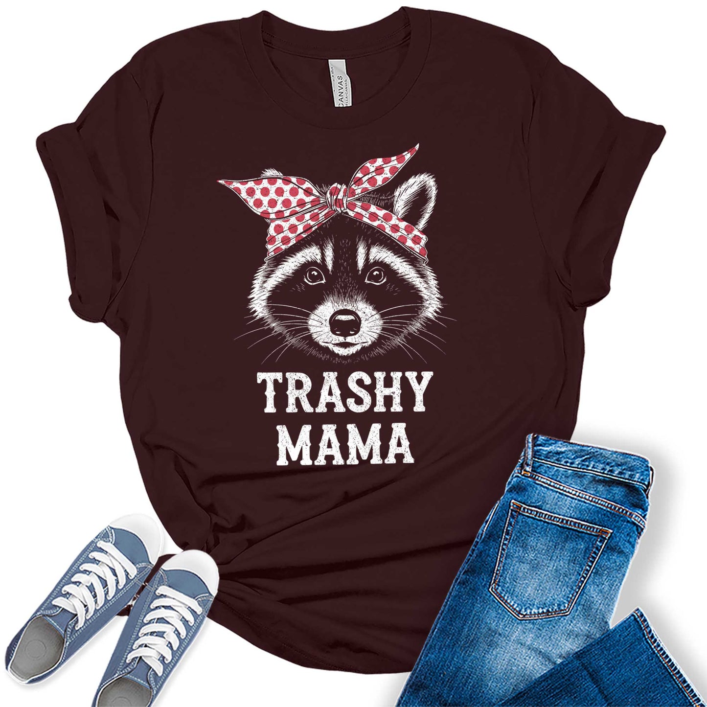 Womens Mama Shirt Trashy Raccoon Mom Vintage Summer Casual Graphic Tees Bella Plus Sized Tops