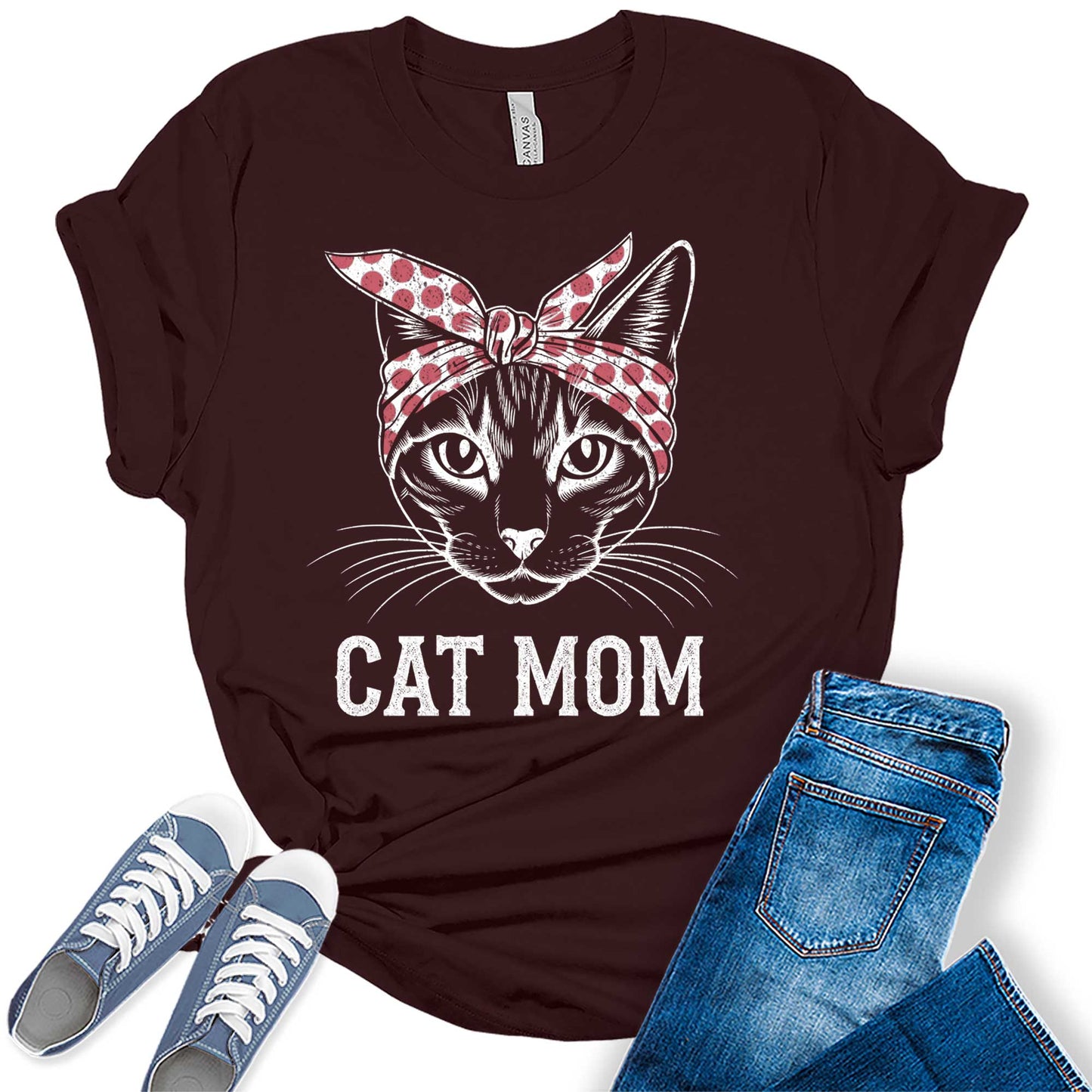 Womens Mama Shirt Cat Mom Vintage Summer Casual Graphic Tees Bella Plus Sized Tops