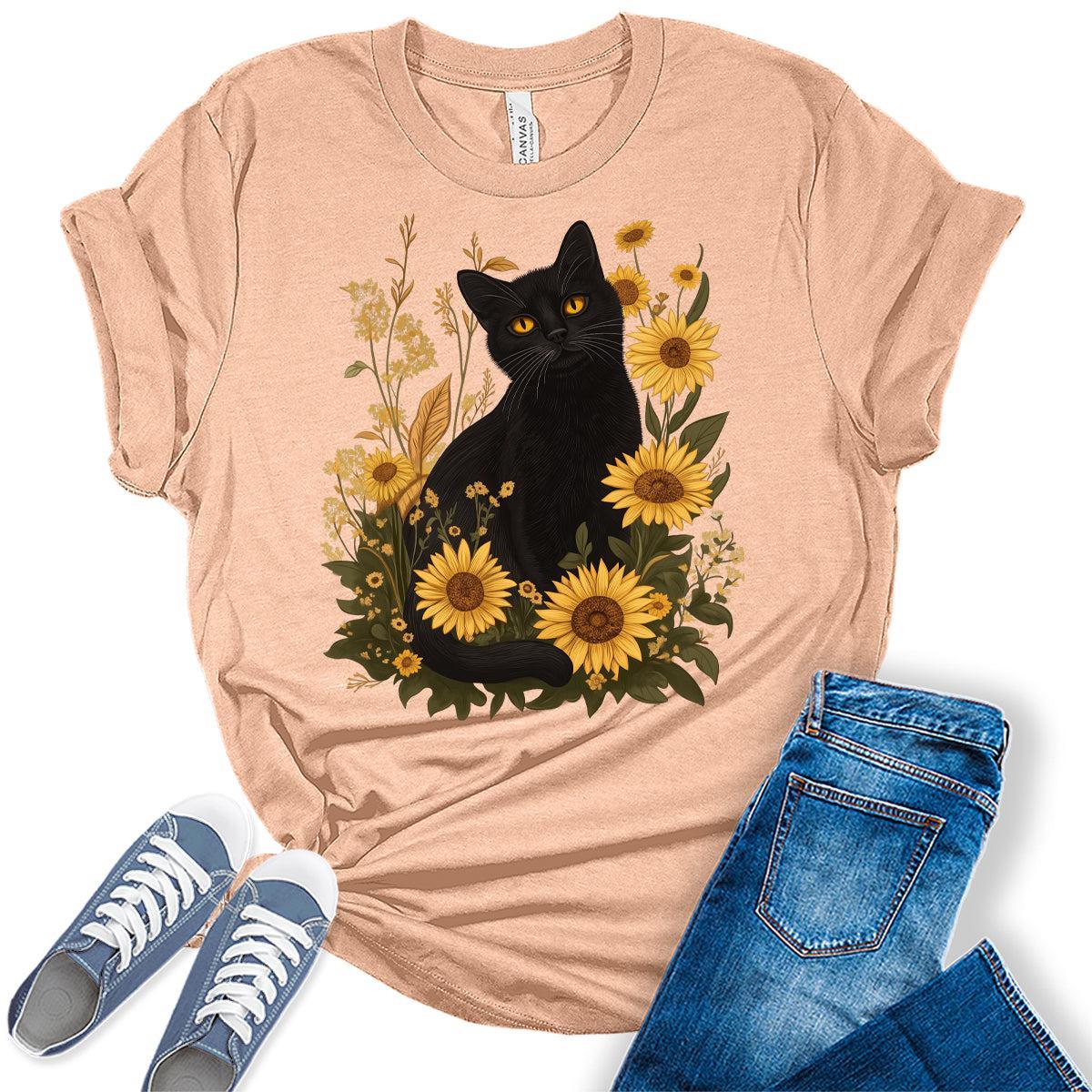Womens Cat Shirts Sunflower Vintage Graphic Tees Spring Cottagecore T Shirts Bella Summer Tops