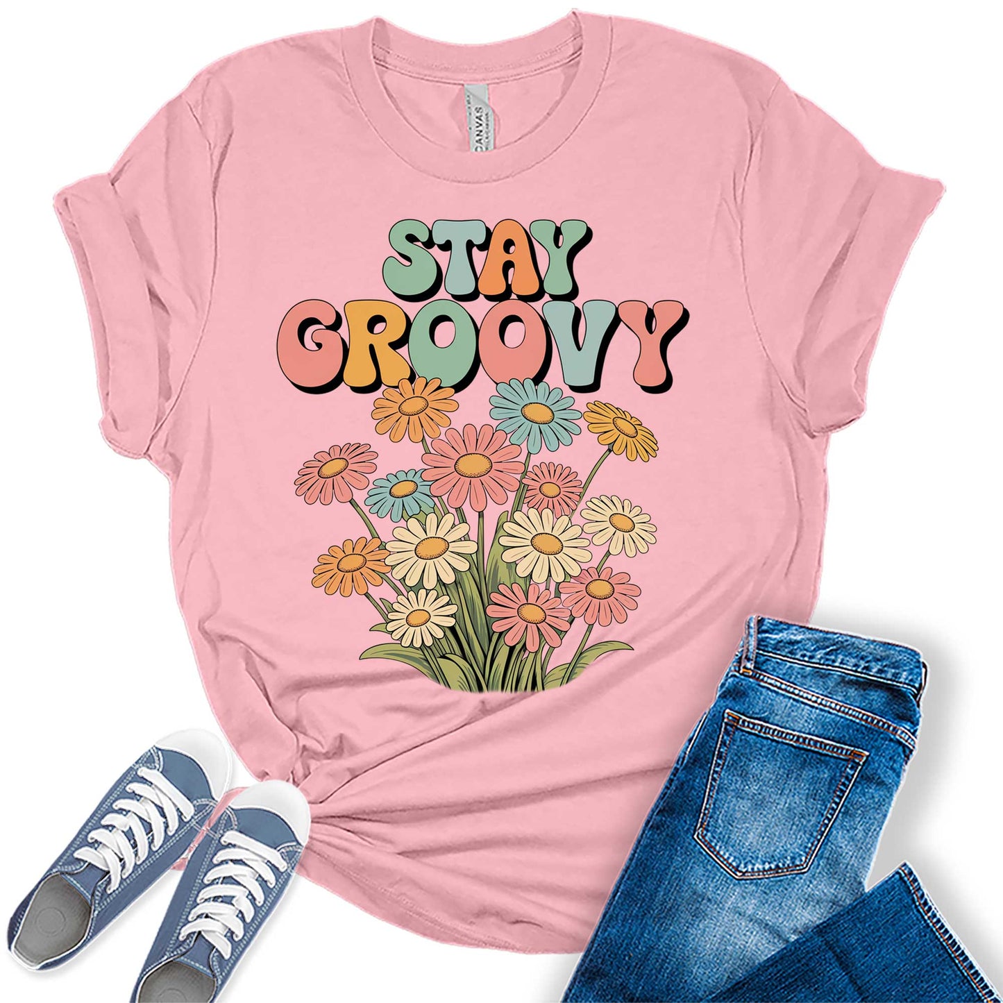 Women's Retro Stay Groovy Shirt Casual 70s Hippie Graphic Tees Bella Plus Sized Tops