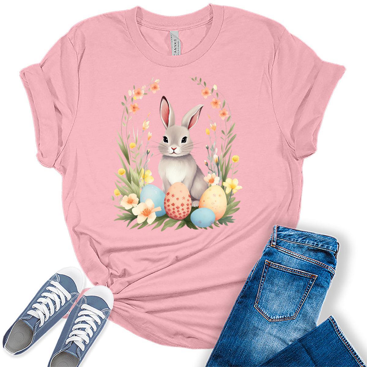 Women's Easter Shirts Bunny Eggs Cute Trendy Casual Graphic Tees Bella Plus Sized Tops
