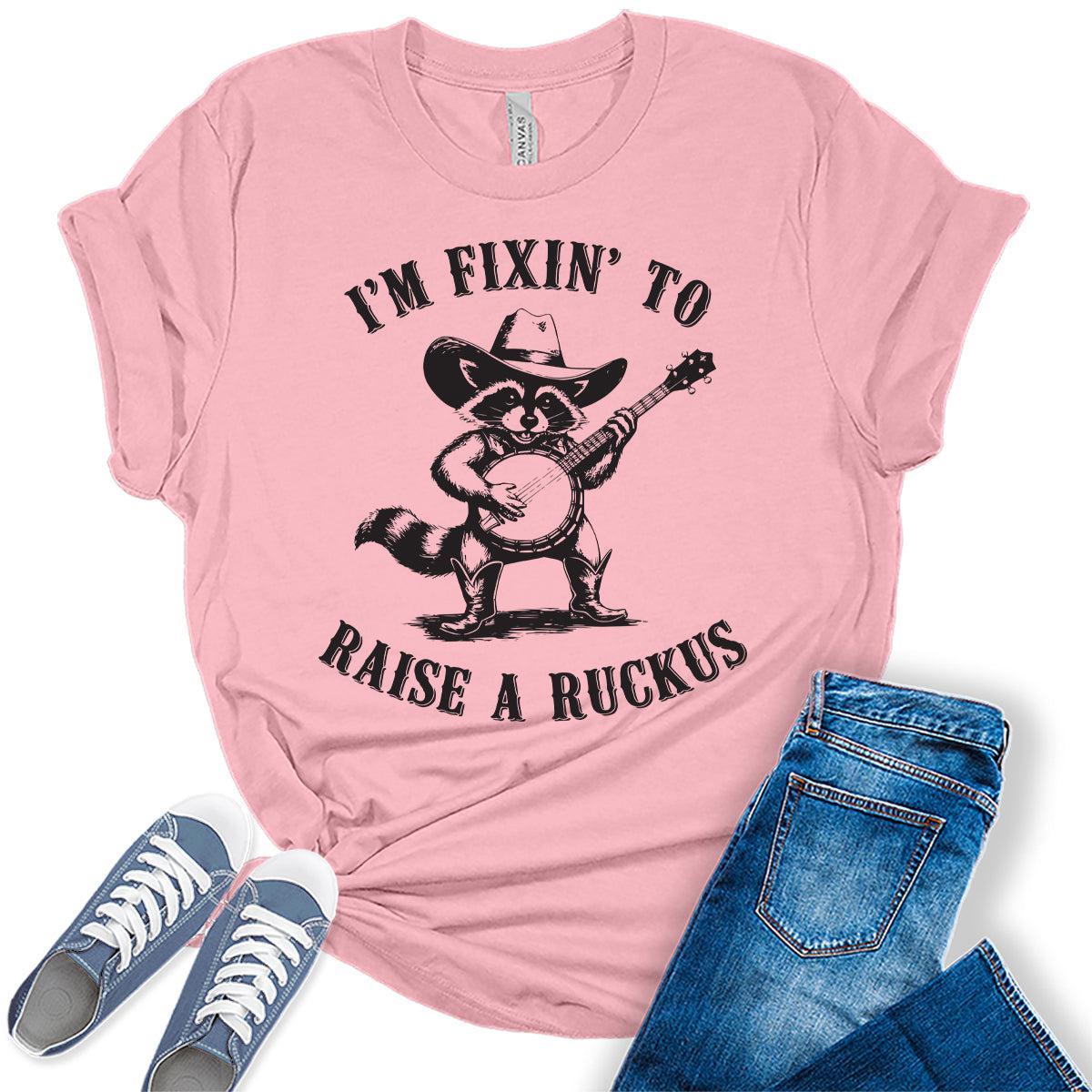 Women's Funny Raccoon Shirts For Teens Western Raise A Ruckus Graphic Tees Bella Plus Sized Tops