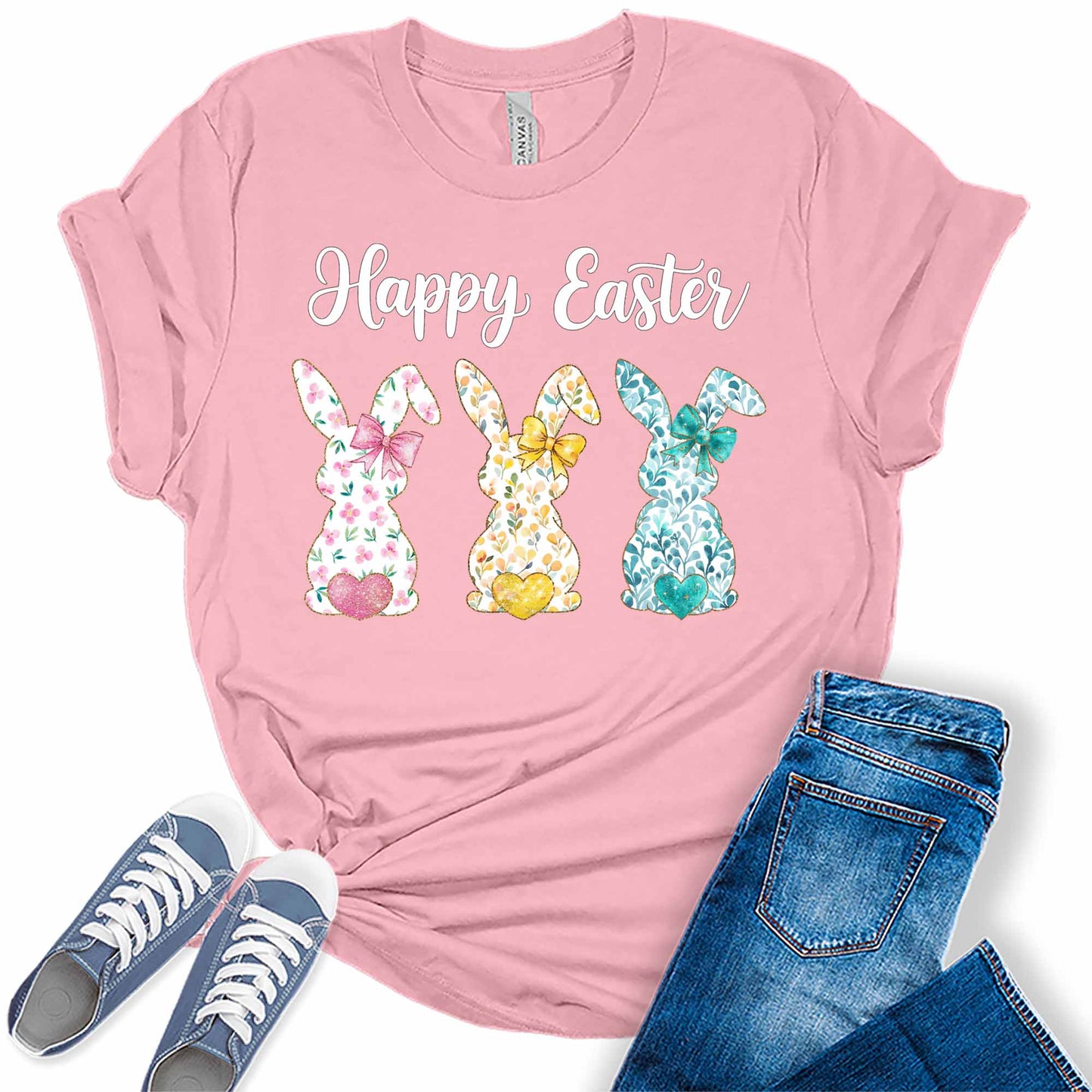 Women's Tops Happy Easter Bunnies Shirt Trendy Graphic Tees