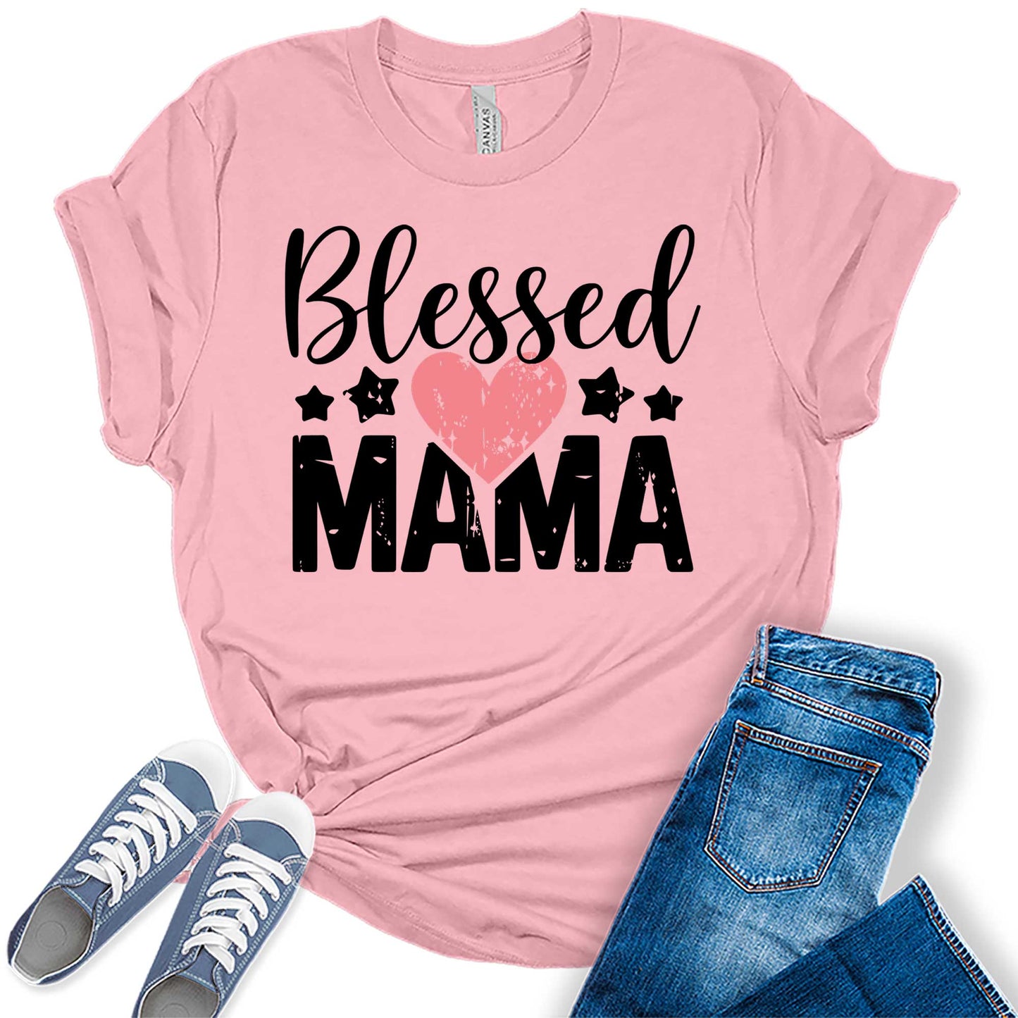 Women's Blessed Mama Shirt Mom Women Mother's Day T-Shirt Heart Casual Graphic Tees Bella Plus Sized Tops