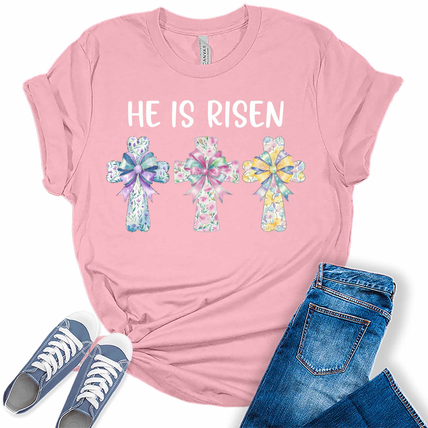 Women's Easter He Is Risen Christian Cute Trendy Casual Graphic Tees Bella Plus Sized Tops
