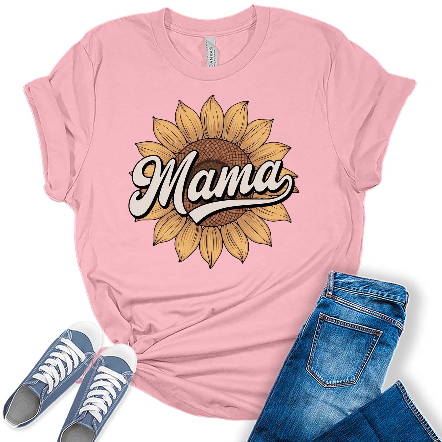 Women's Retro Mama Sunflower Floral Summer Vintage Casual Graphic Tees Bella Plus Sized Tops
