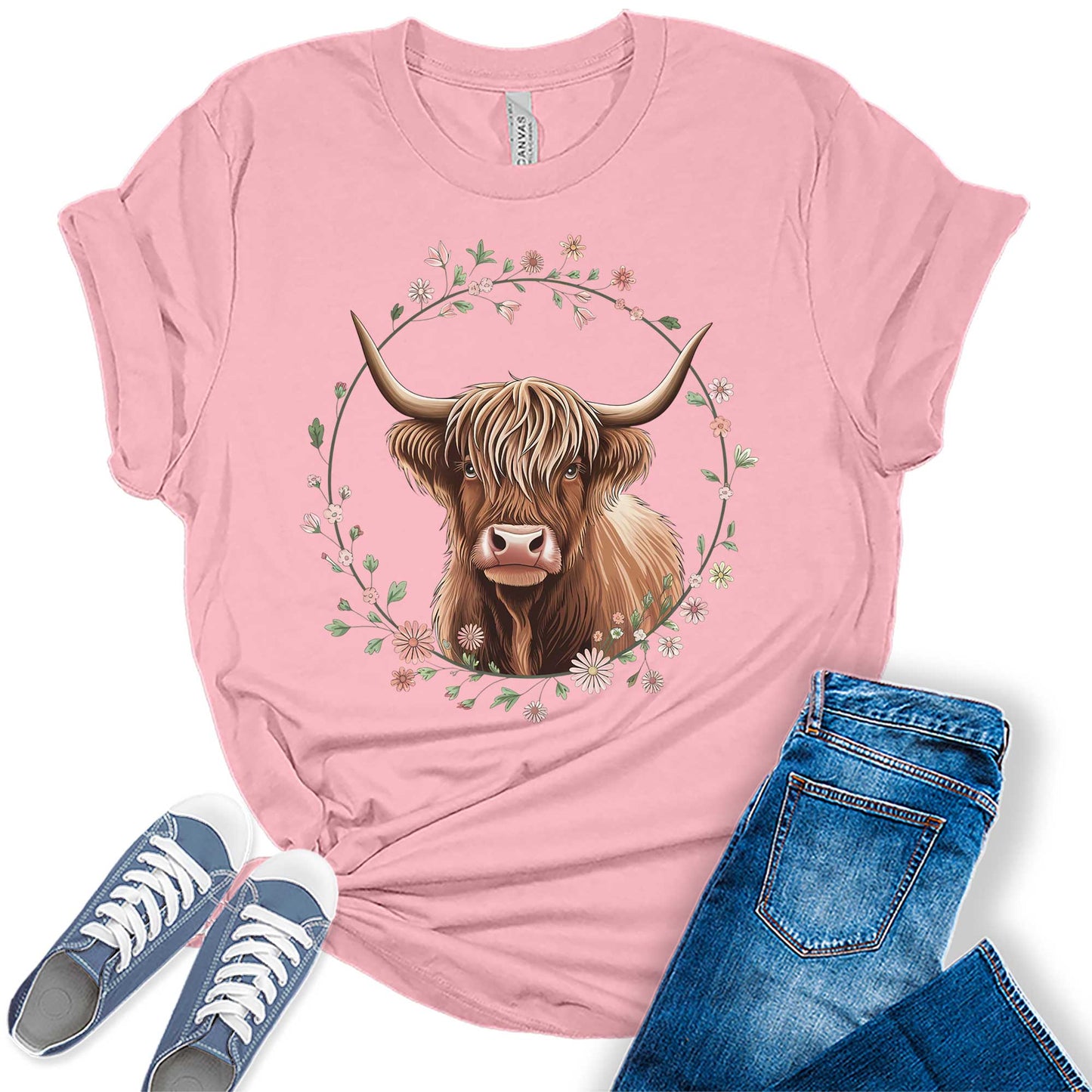 Floral Highland Cow Shirt Cute Cowgirl Tshirt Plus Size Graphic Tees for Women Short Sleeve Summer Tops