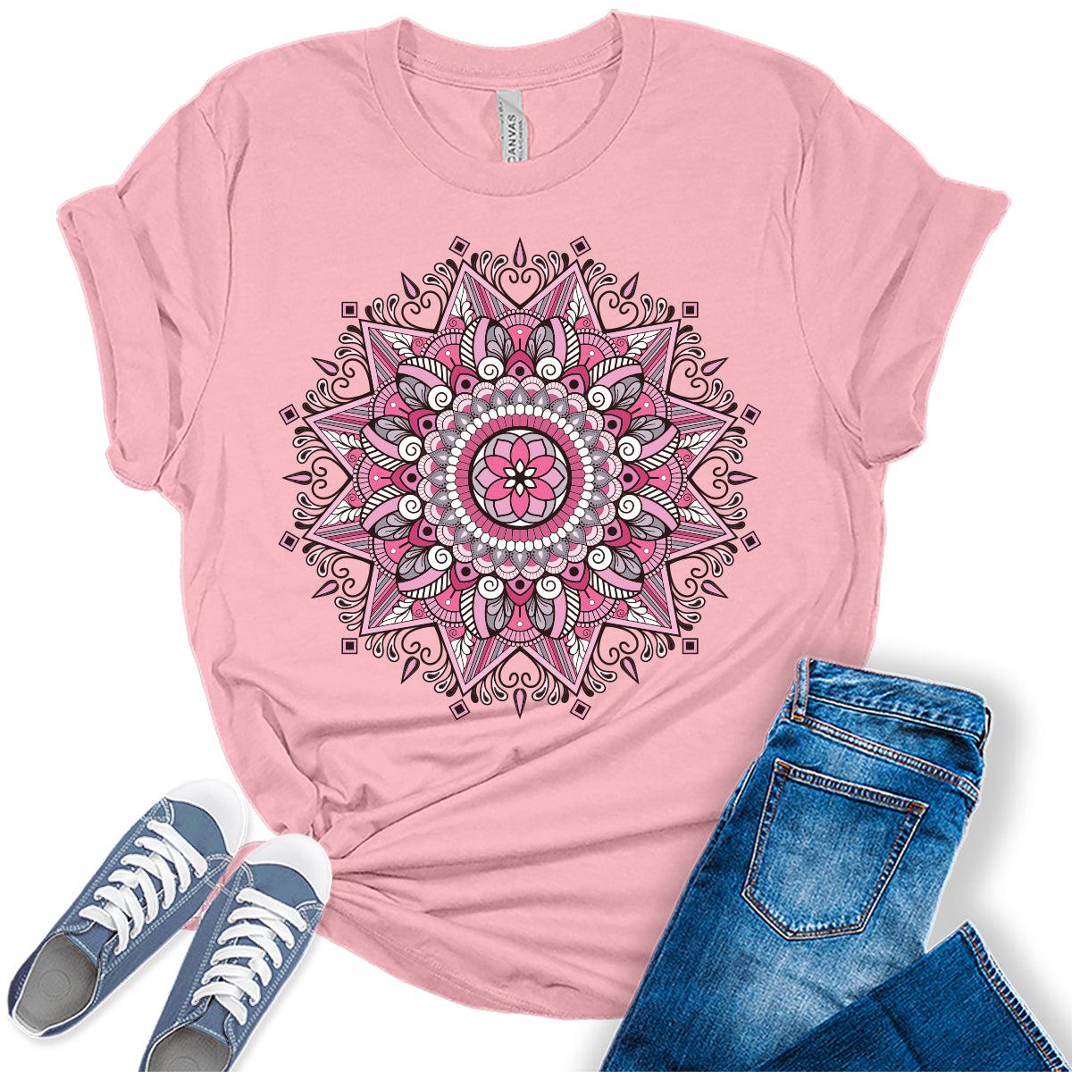 Pink Mandala Shirt Casual Vintage Graphic Tees for Women Short Sleeve Plus Size Summer Tops