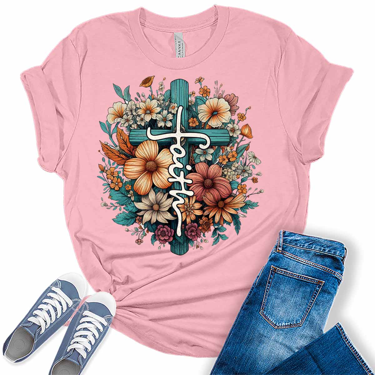 Faith Shirt Floral Cross Tshirts Christian Graphic Tees for Women