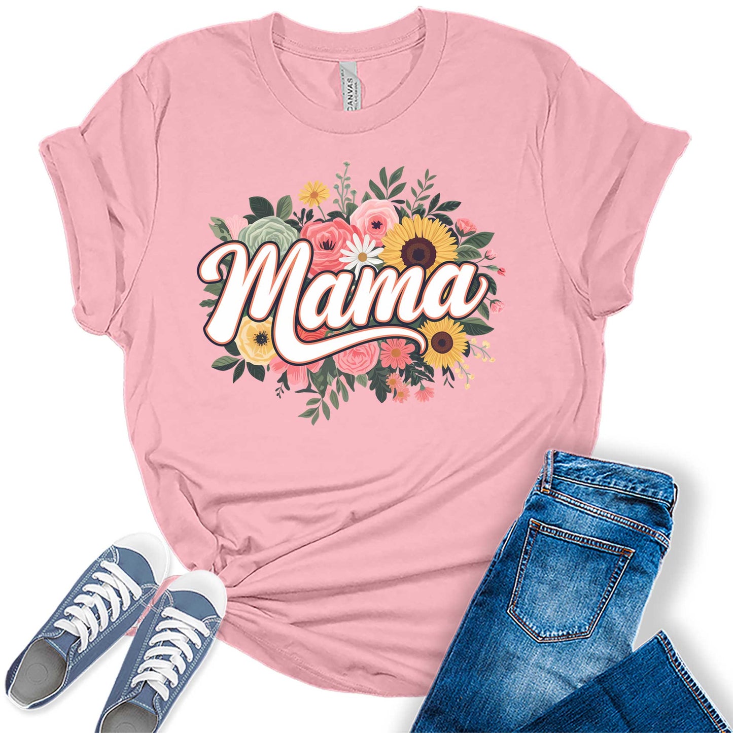 Women's Retro Mama Floral Casual Graphic Tees Bella Plus Sized Tops