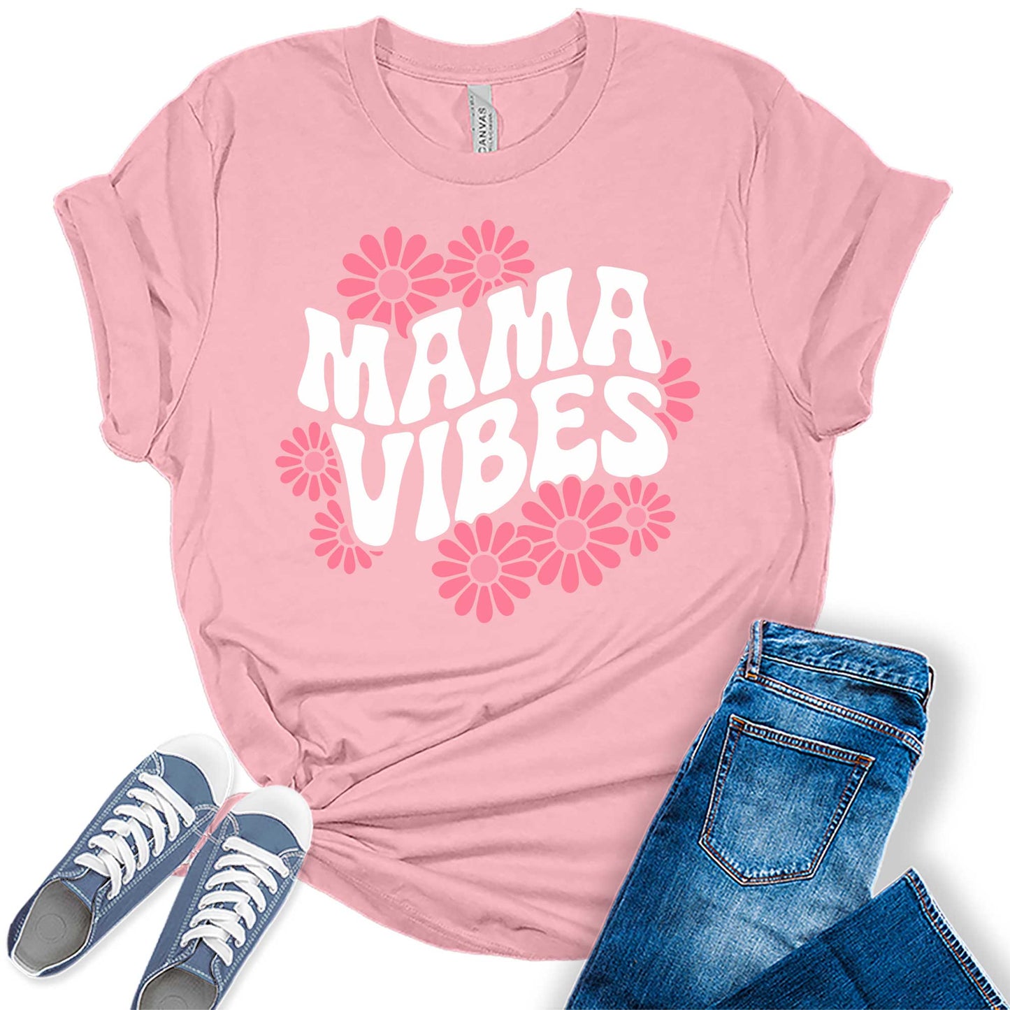 Women's Groovy Retro Mama Floral Daisies Casual Graphic Tees Bella Plus Sized Tops