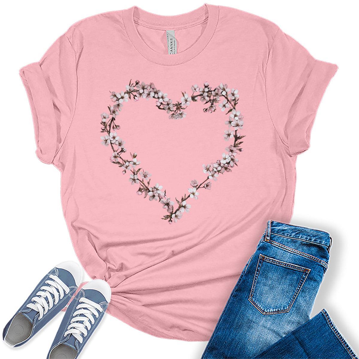 Womens Floral Shirts Cherry Blossom Heart Graphic Tees Spring Cottagecore T Shirts Bella Summer Tops
