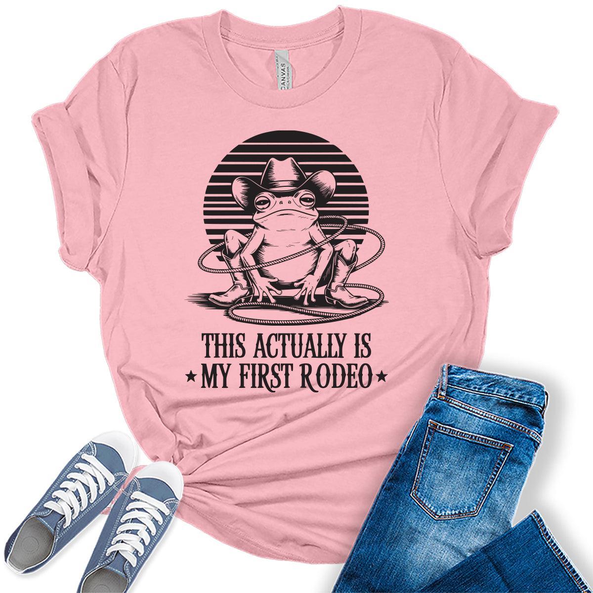 Women's Funny Western Frog Shirts For Teens This Is My First Rodeo Graphic Tees Bella Plus Sized Tops