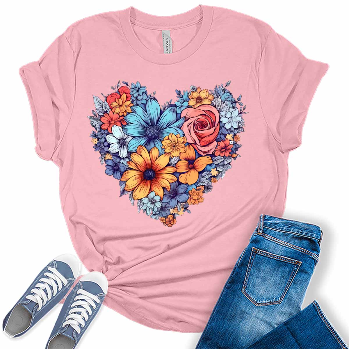 Womens Floral Heart Shirt Cute Tshirts Bella Graphic Tees Casual Short Sleeve Summer Tops