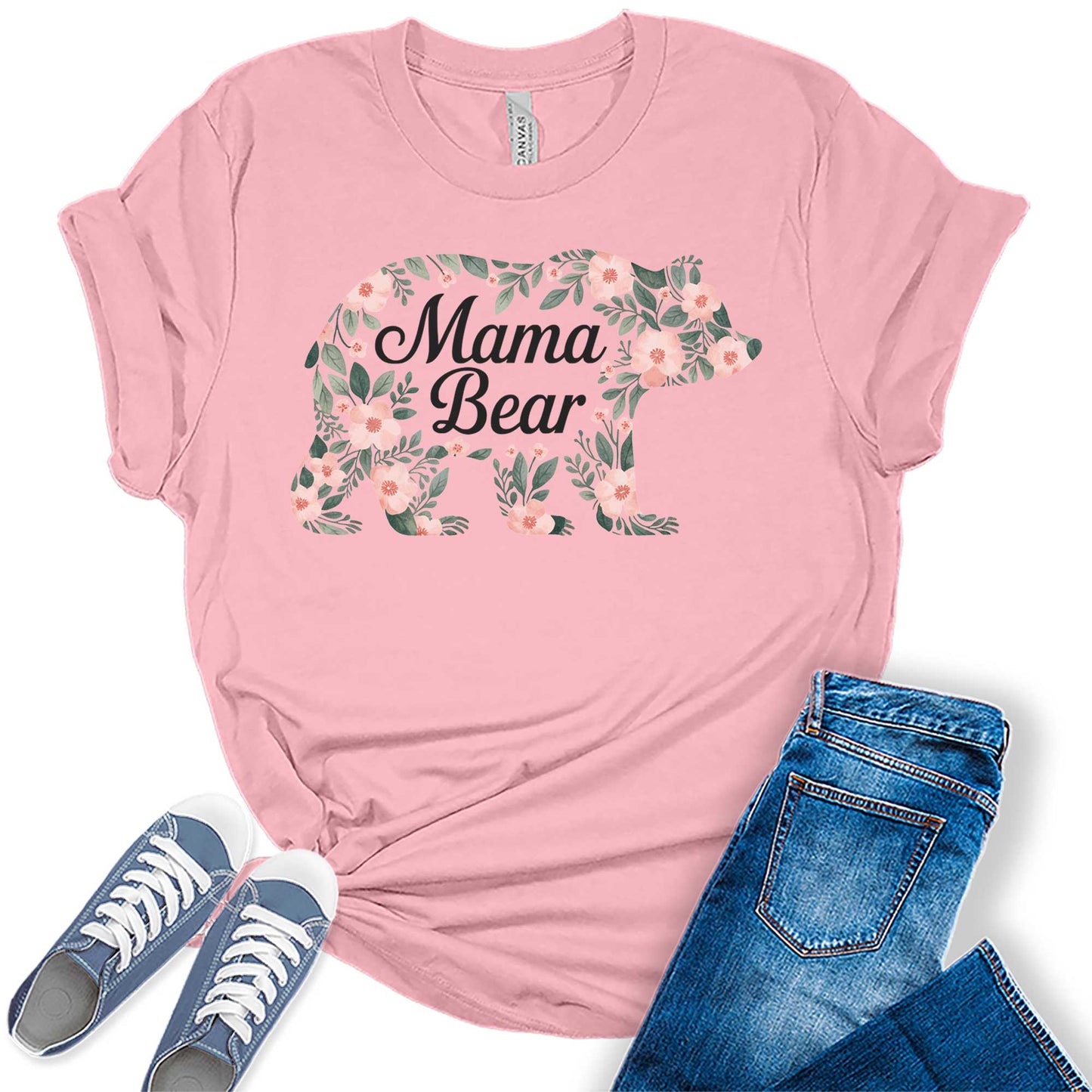 Womens Mama Shirt Mom Floral Bear Casual Graphic Tees Bella Plus Sized Tops