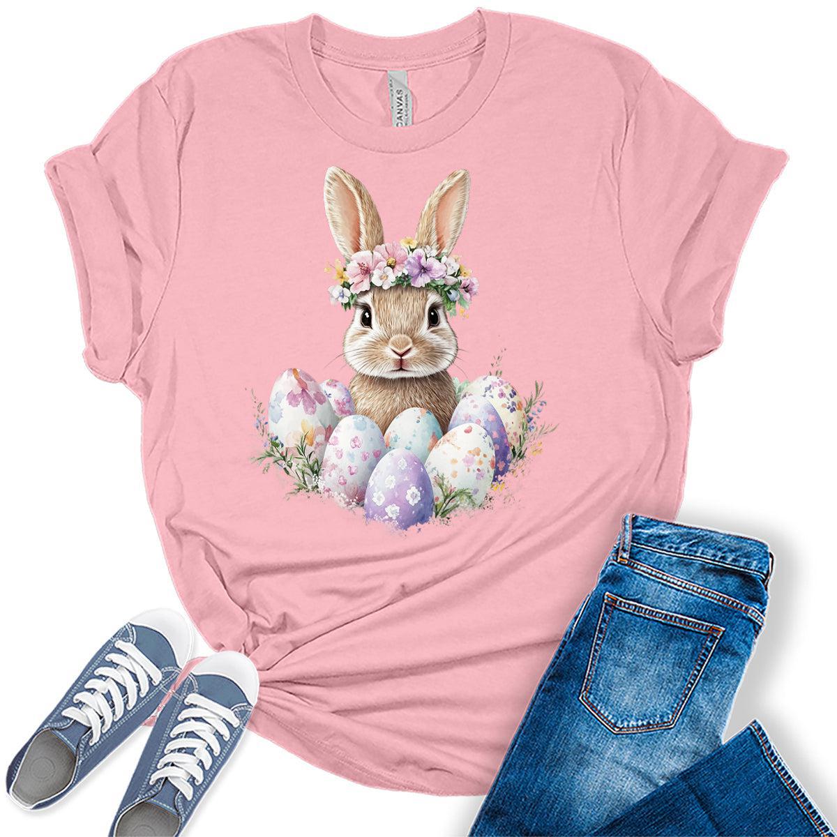 Women's Easter Shirts Bunny Eggs Cute Trendy Casual Graphic Tees Bella Plus Sized Tops