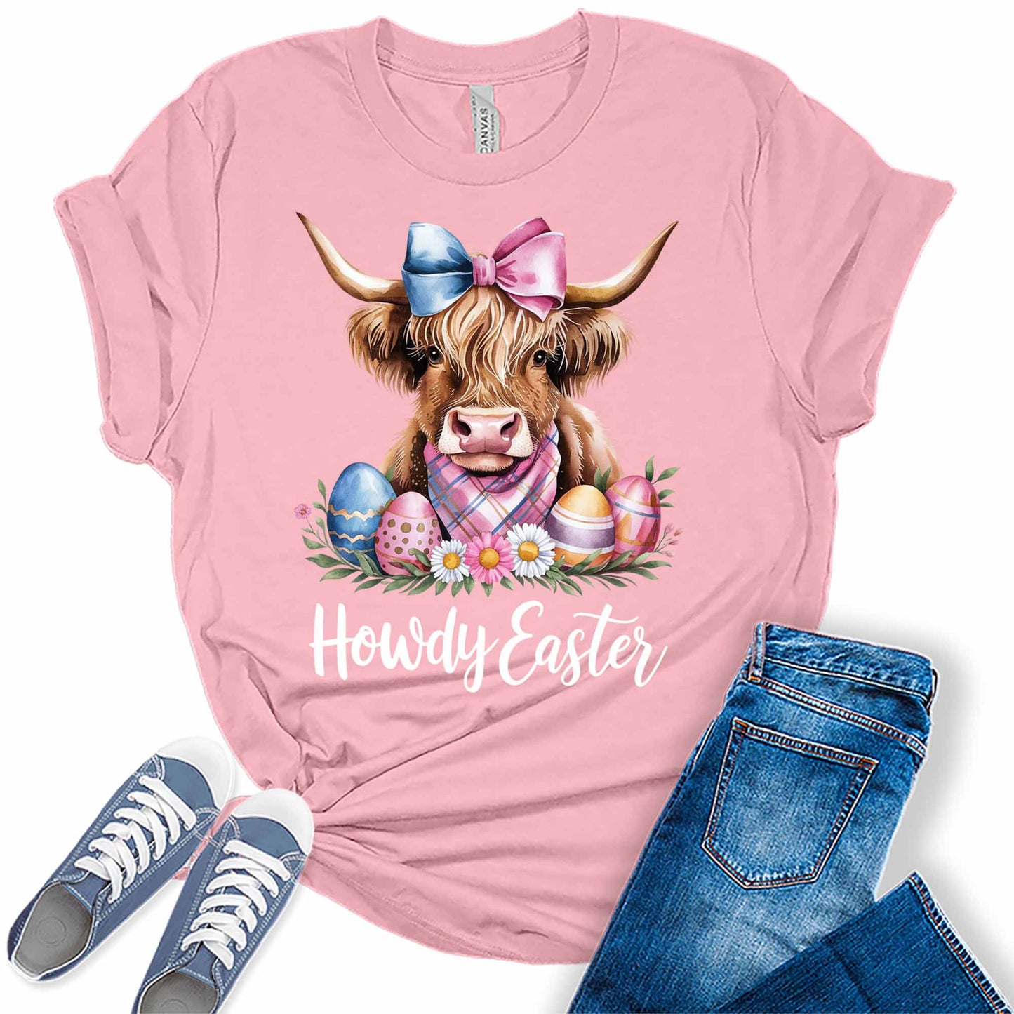 Women's Highland Cow Howdy Easter Shirt Cute Trendy Casual Graphic Tees Bella Plus Sized Tops