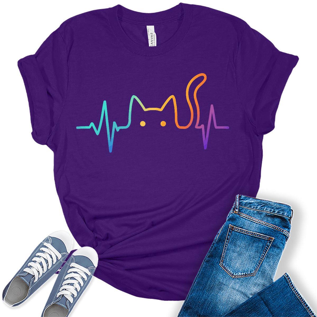 Heartbeat Cat Lover Animal Silhouette Cute Cat T-Shirt Funny Novelty Bella Plus Sized Tops