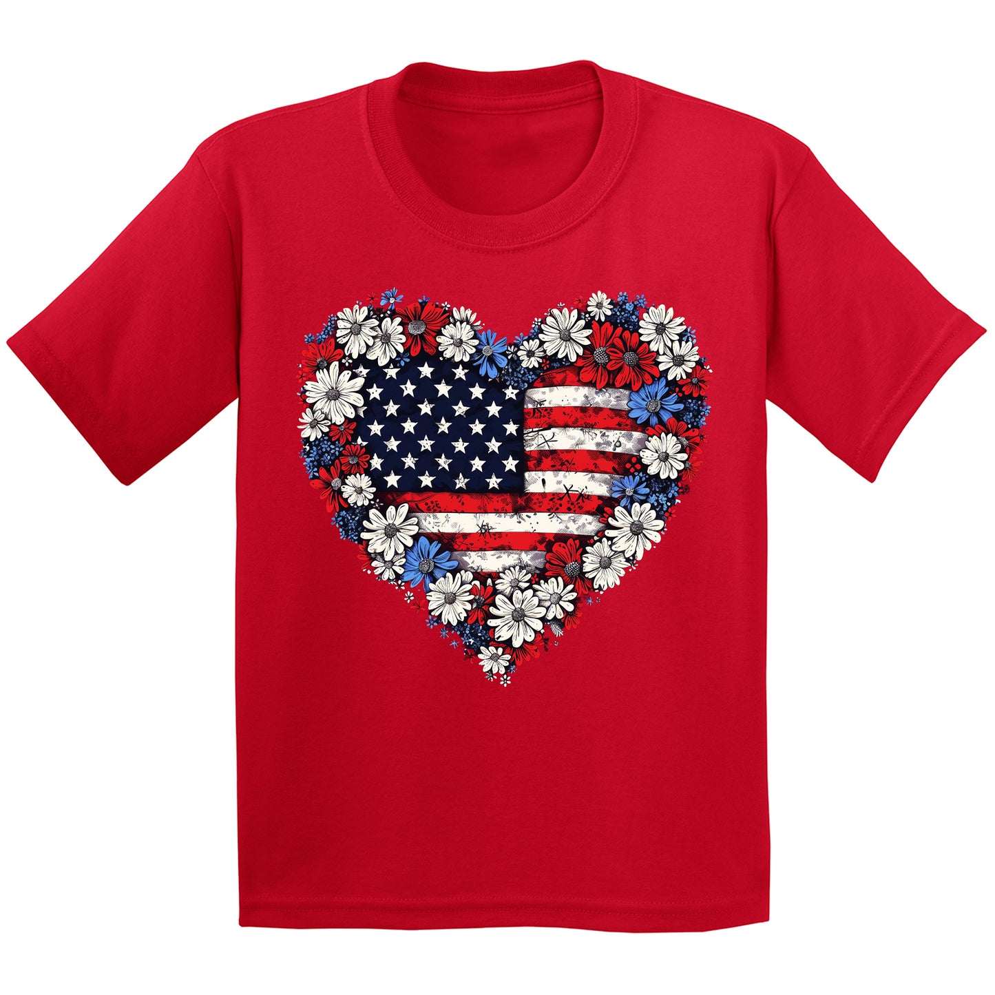 Floral Heart American Flag 4th Of July Graphic Tee for Youth