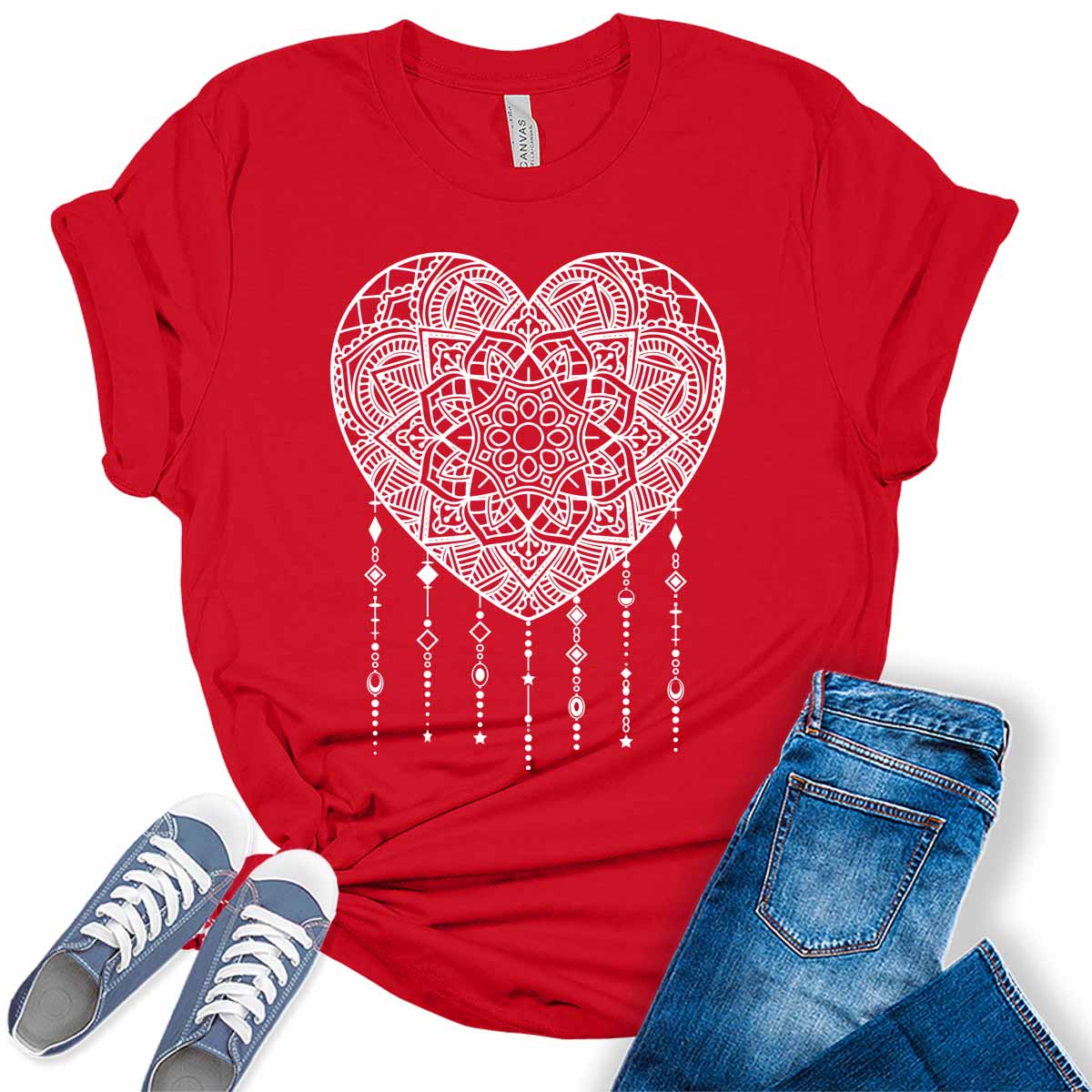 Mandala Heart T Shirt Cute Womens Summer Tops Casual Plus Size Graphic Tees