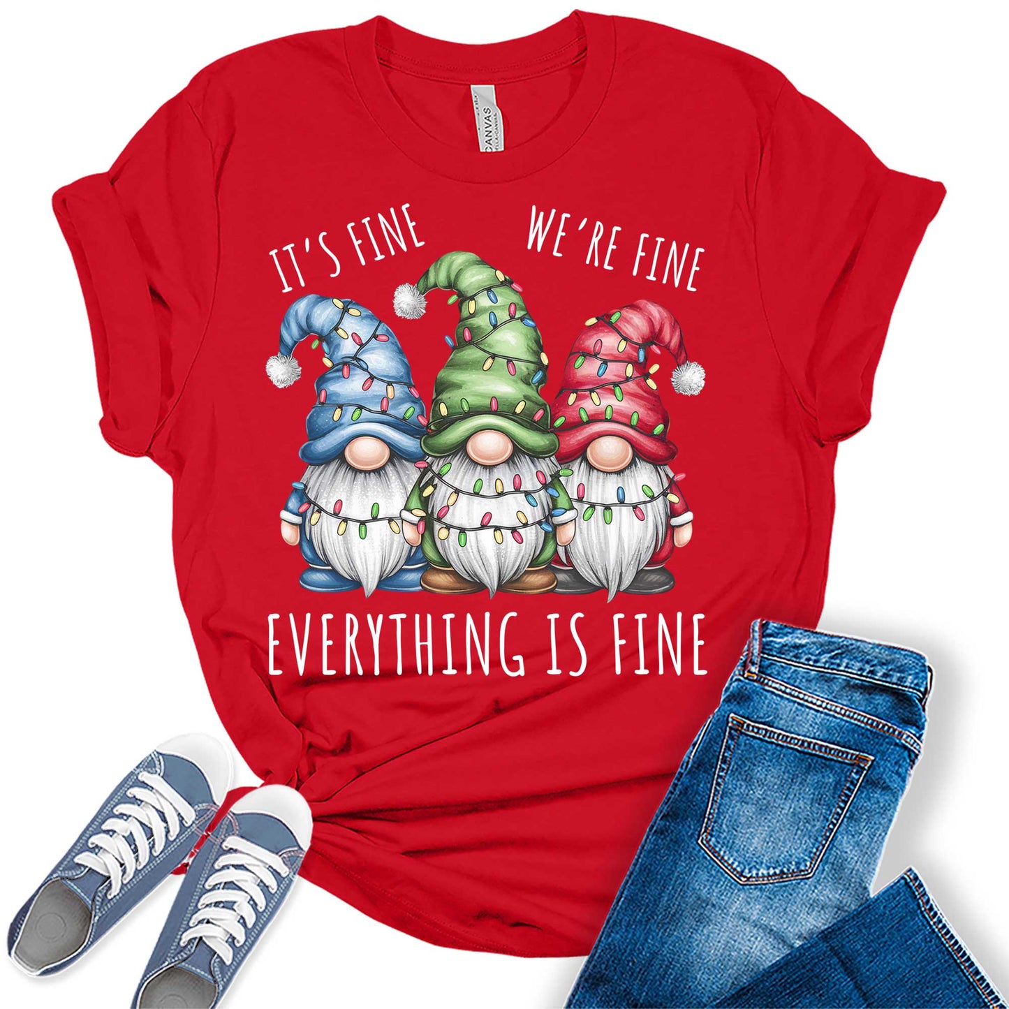 Women's I'm Fine We're Fine Everything Is Fine Christmas Gnomes Graphic Tees
