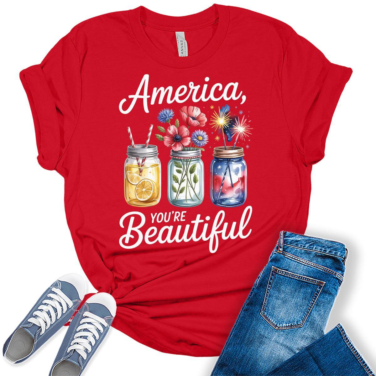 4th of July Shirts For Womens Patriotic Graphic Tees America Beautiful Bella Plus Sized Tops