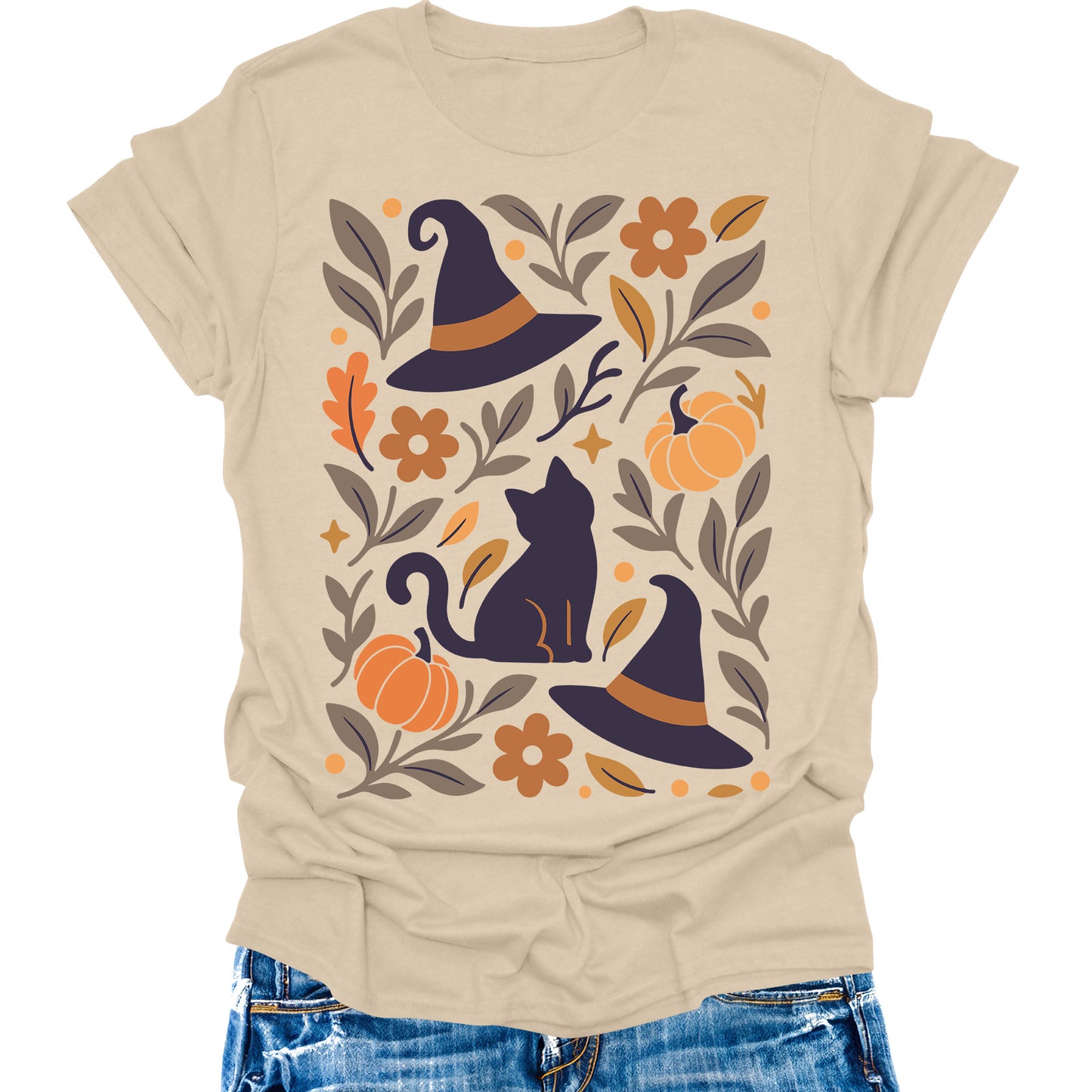 Halloween Cat Shirts Vintage Boho Womens Fall T-Shirts Cute Pumpkin Graphic Tees Thanksgiving Tops