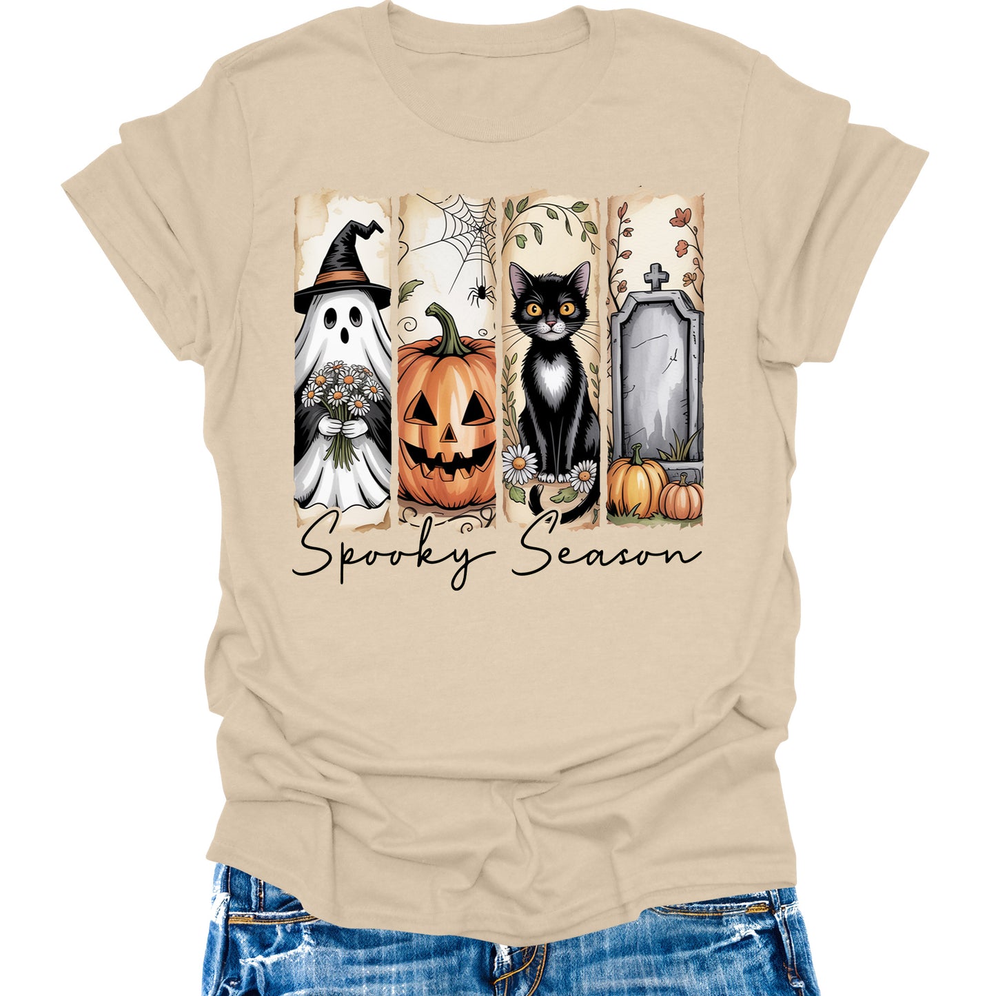 Halloween Spooky Season Shirts Womens Fall T-Shirts Cute Graphic Tees Thanksgiving Tops