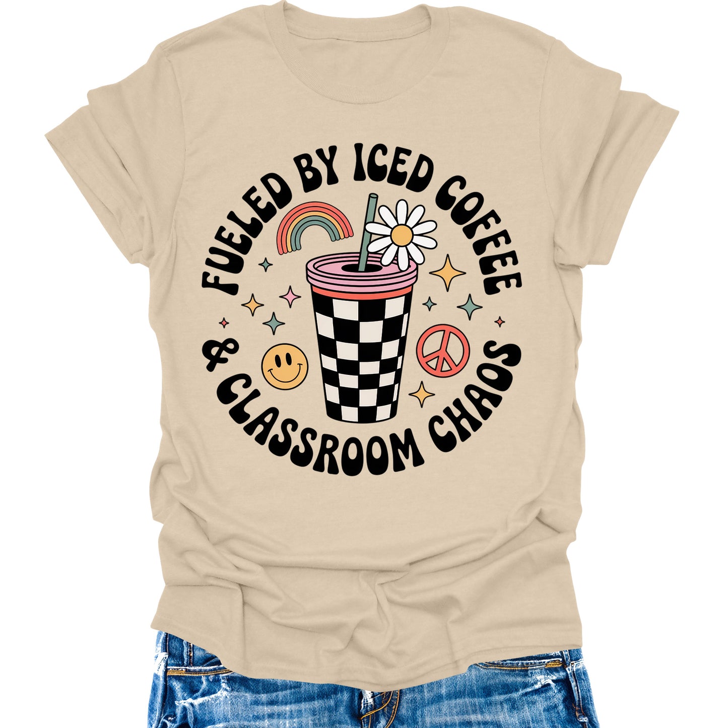 Fueled By Caffeine and Chaos Teacher Shirt Retro Vintage Funny Back to School Graphic Tees Womens Tops
