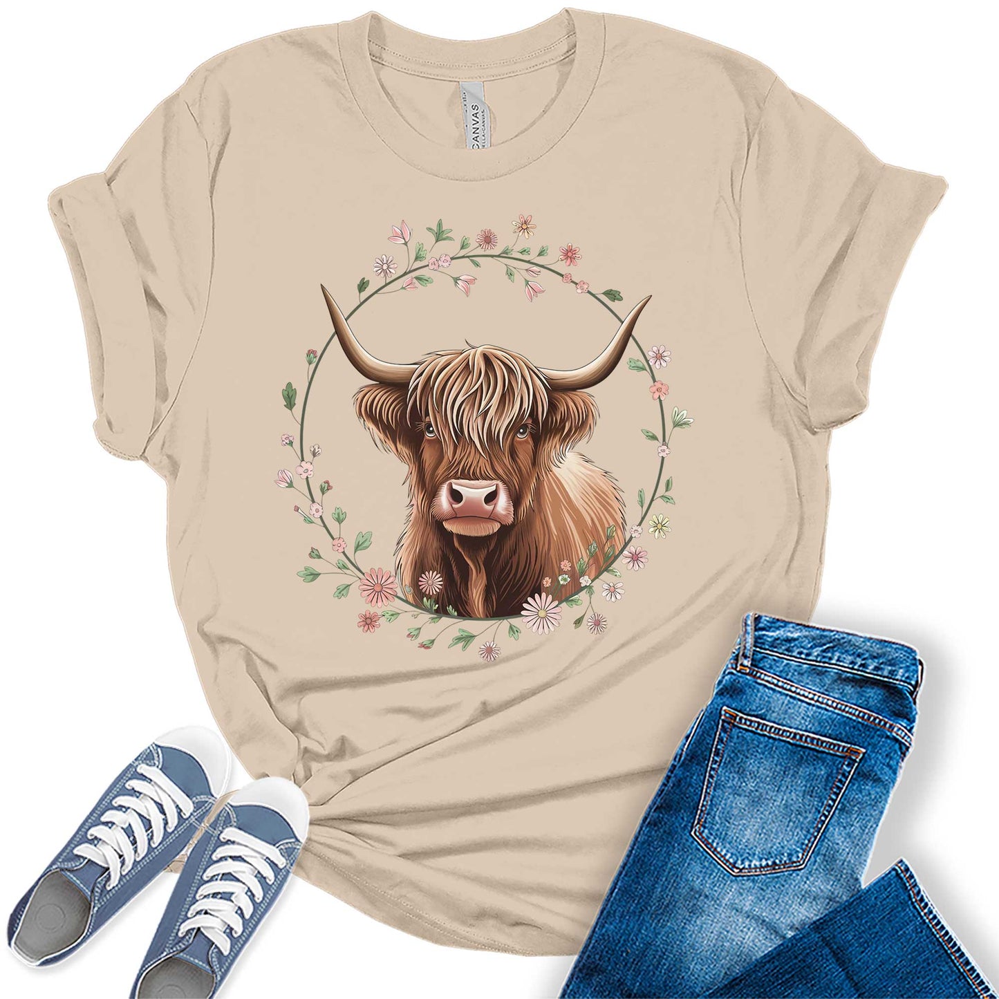 Floral Highland Cow Shirt Cute Cowgirl Tshirt Plus Size Graphic Tees for Women Short Sleeve Summer Tops