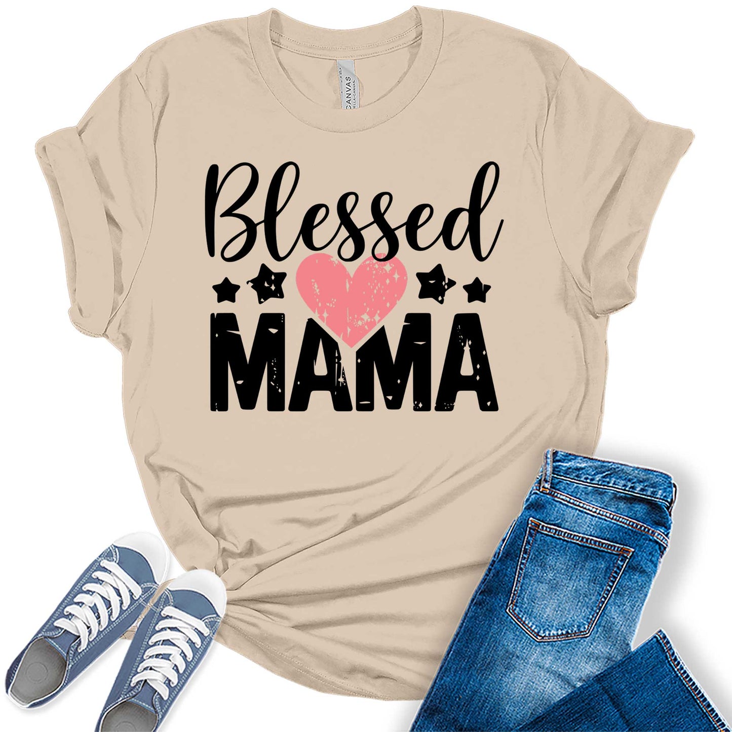 Women's Blessed Mama Shirt Mom Women Mother's Day T-Shirt Heart Casual Graphic Tees Bella Plus Sized Tops