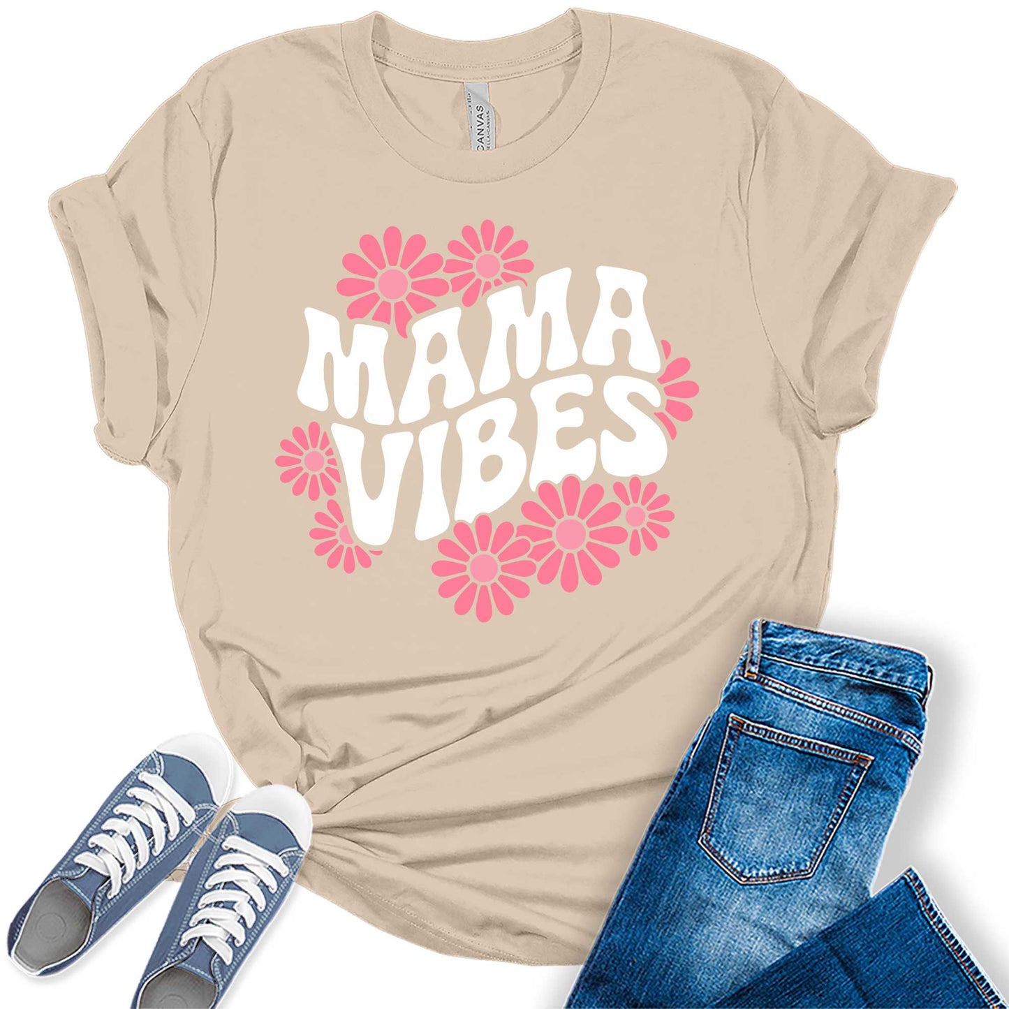 Women's Groovy Retro Mama Floral Daisies Casual Graphic Tees Bella Plus Sized Tops