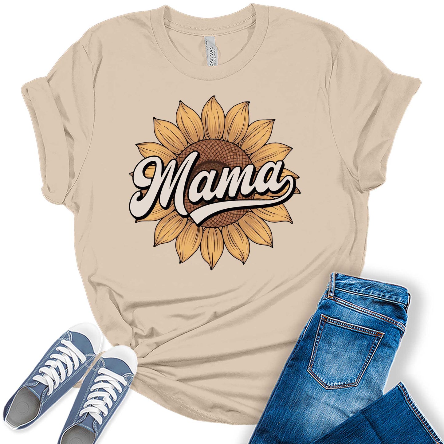 Women's Retro Mama Sunflower Floral Summer Vintage Casual Graphic Tees Bella Plus Sized Tops