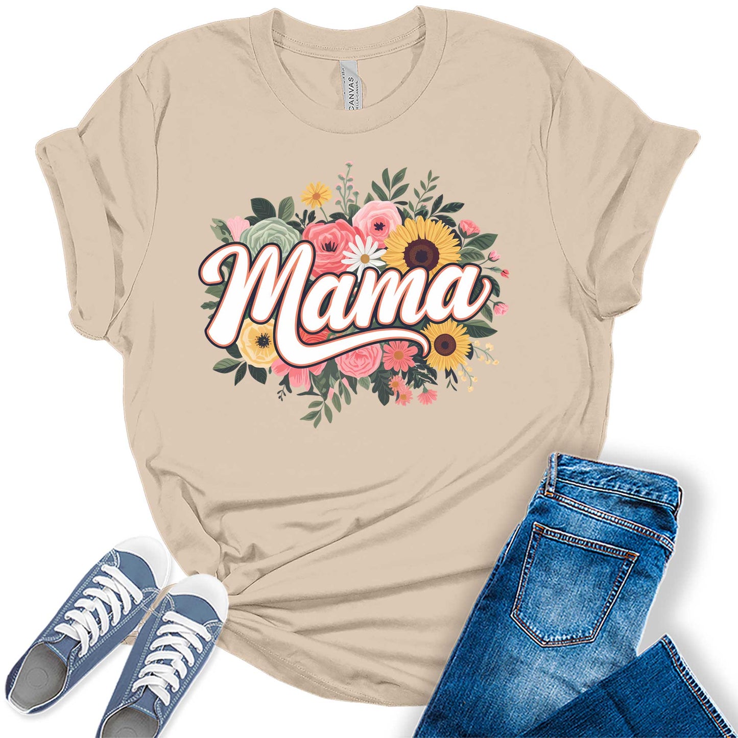 Women's Retro Mama Floral Casual Graphic Tees Bella Plus Sized Tops