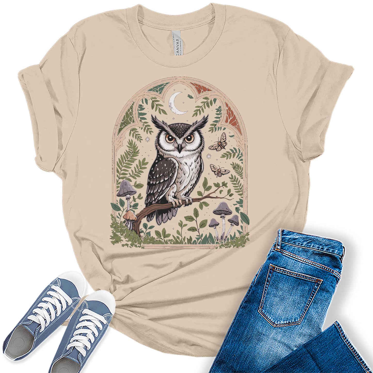 Womens Owl Mushroom Moon Graphic Tees Spring Moth Cottagecore T Shirts Bella Summer Tops