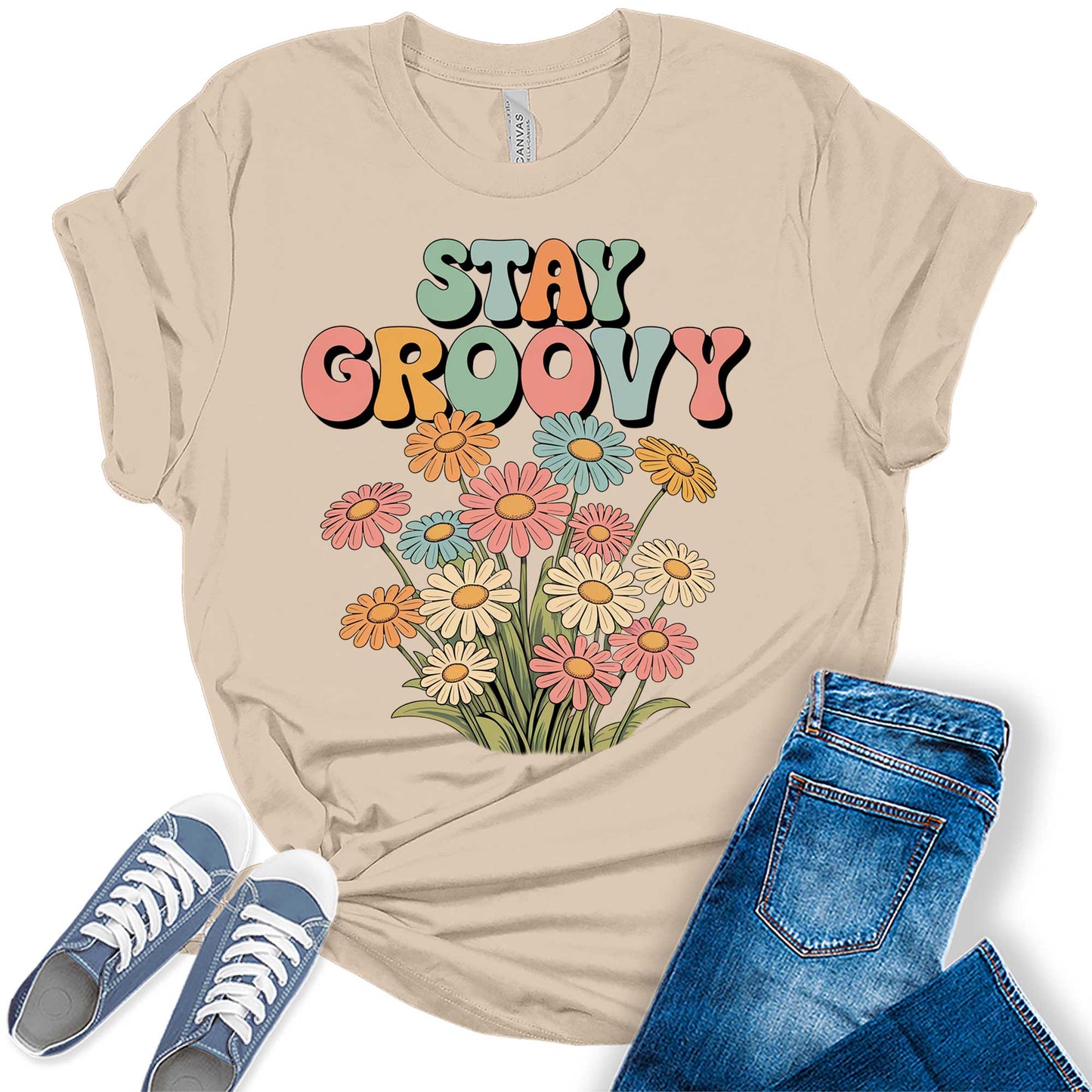 Women's Retro Stay Groovy Shirt Casual 70s Hippie Graphic Tees Bella Plus Sized Tops